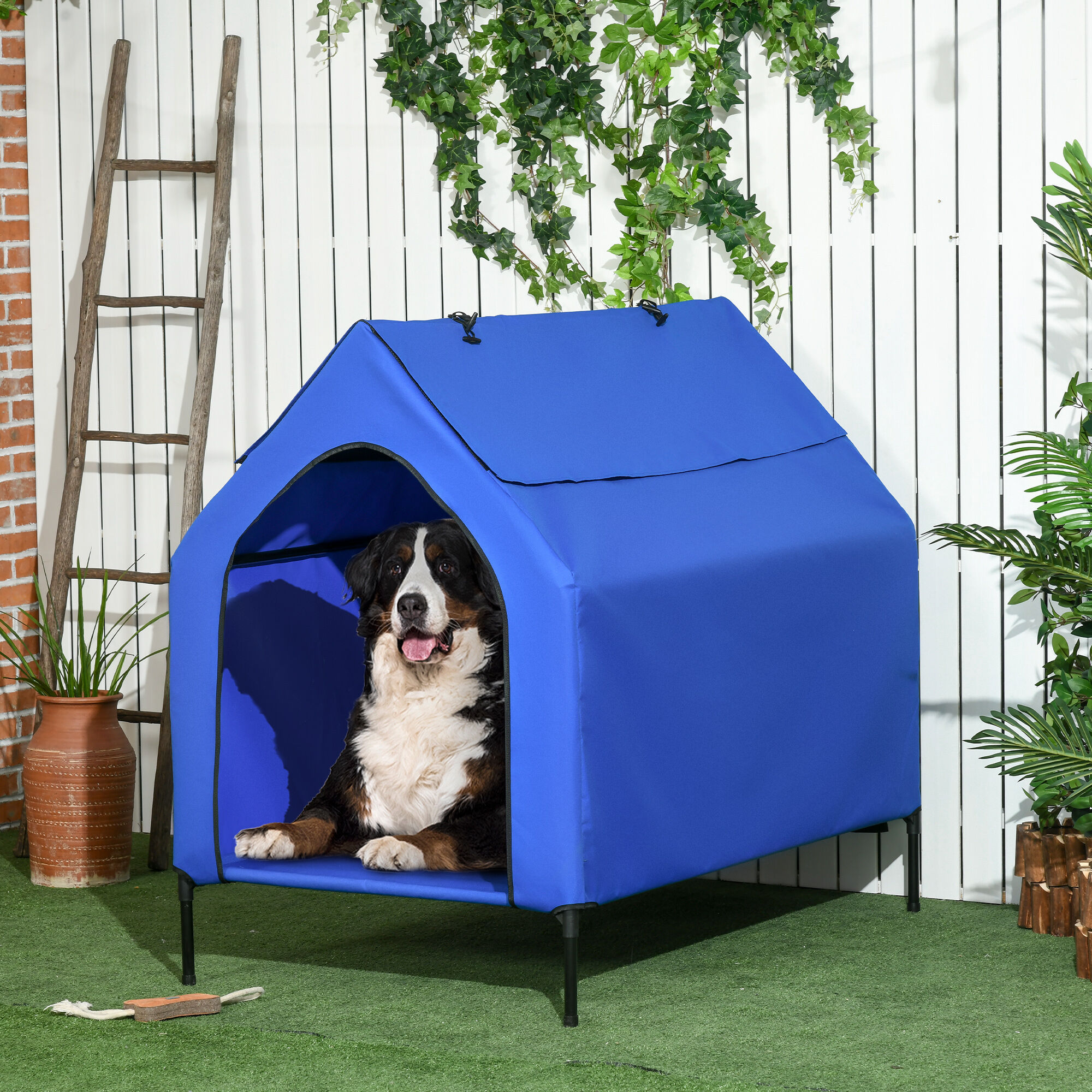 PawHut Caseta para Perros 130x85x121 cm Cama Elevada para Mascotas con Cubierta Desmontable y Ventanas de Malla para Perros Grandes y Extra Grandes Azul., , large Imagen numero 2