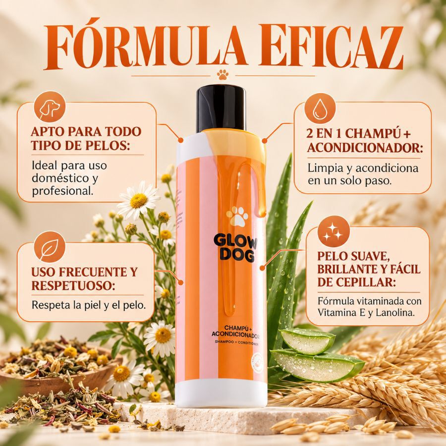 Glow Dog Champ&uacute; y Acondicionador 2 en 1 para perros &middot; Pelo suave y brillante &middot; F&aacute;cil cepillado &middot; Con Vitamina E y Lanolina &middot; Sin parabenos &middot; Uso frecuente &middot; Todo tipo de pelaje &middot; 200 ml, , large Imagen numero 3