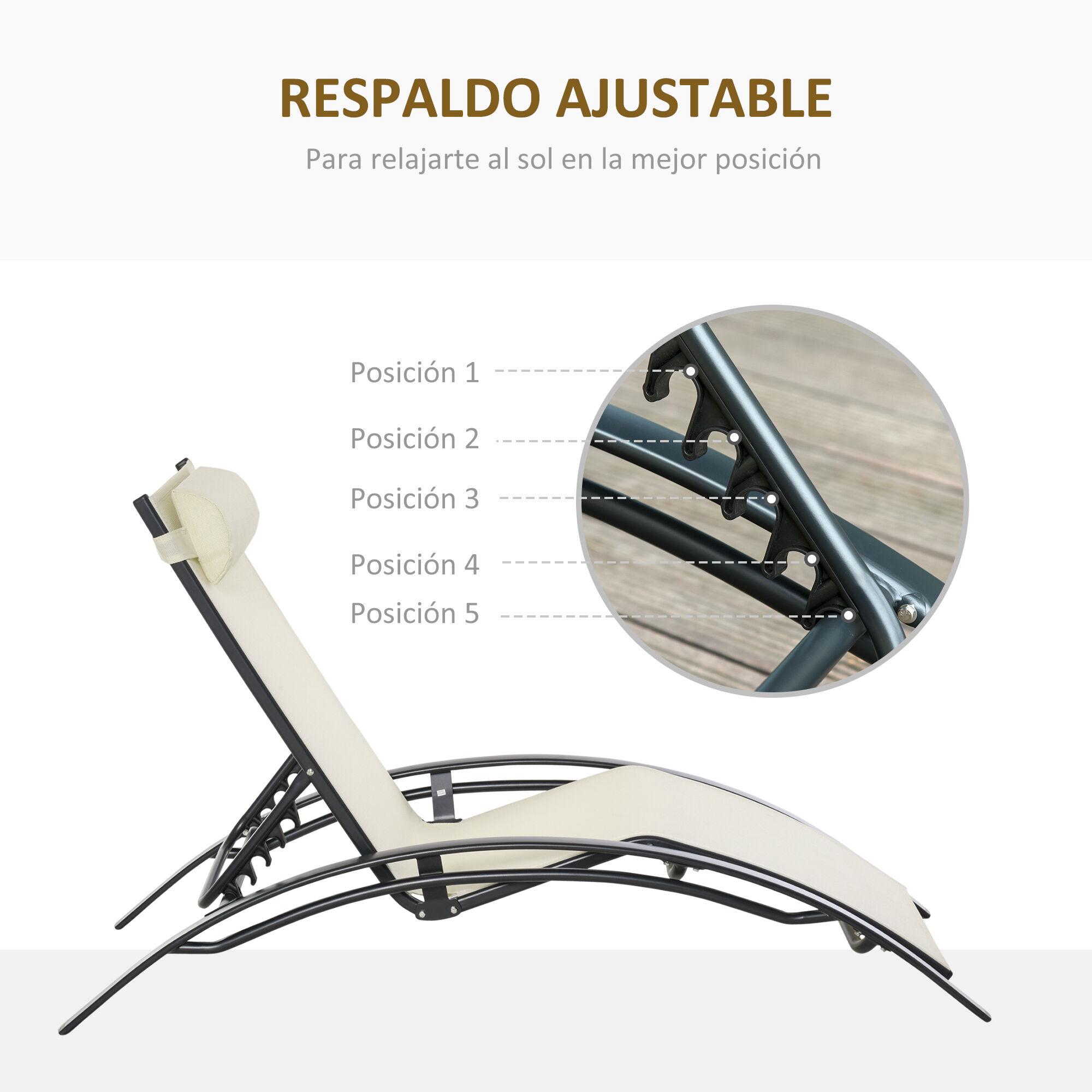 Outsunny Tumbona Reclinable de Aluminioc on Respaldo Ajustable en 5 Posiciones y Reposacabezas Extra&iacute;ble Acolchado Texteline para Jard&iacute;n Terraza Balc&oacute;n 171x64x82 cm Beige, , large Imagen numero 4