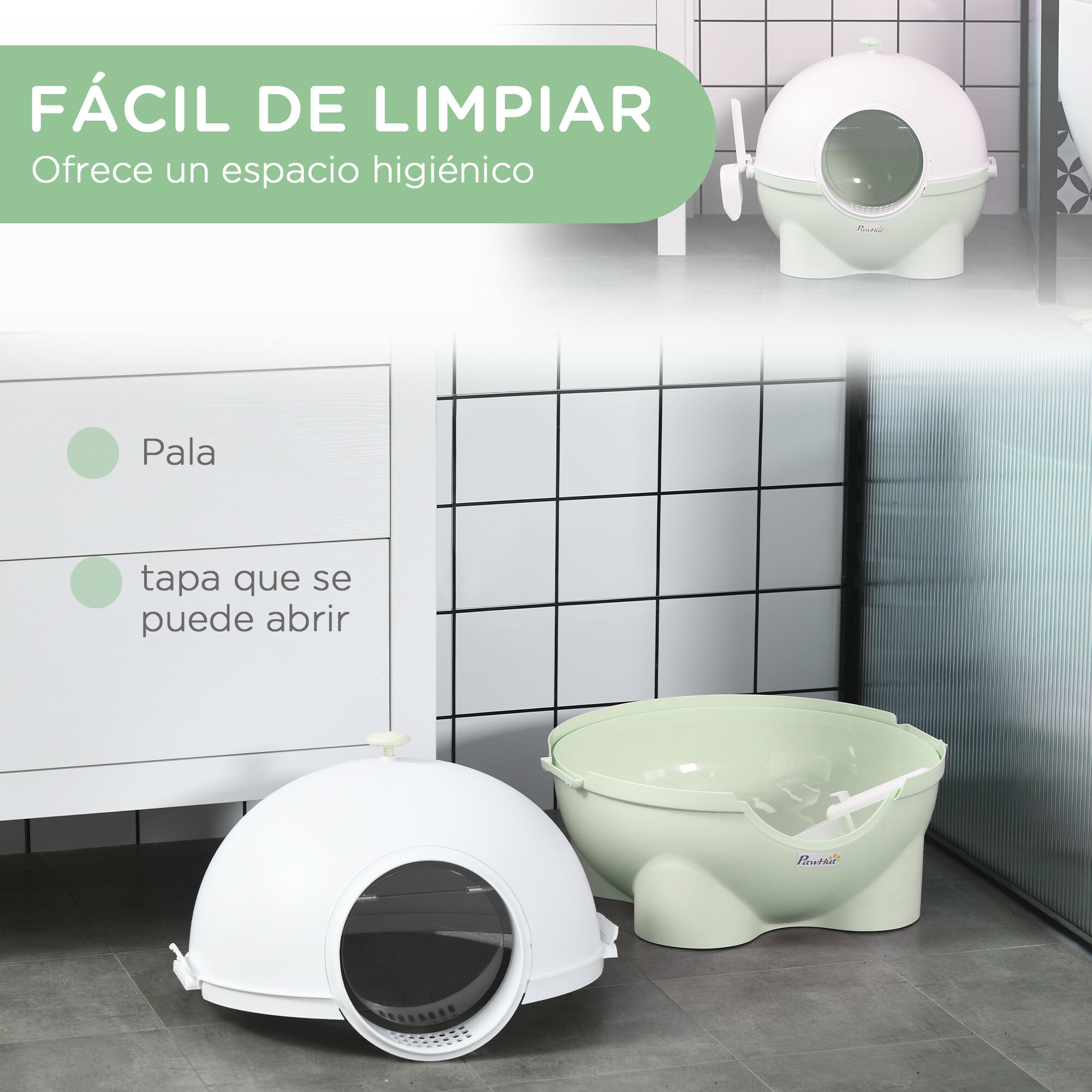 PawHut Arenero para Gatos con Cubierta Desmontable Caja de Arena para Gatos de Pl&aacute;stico con Pala Carga 4 kg 53x51x48 cm Verde, , large Imagen numero 5