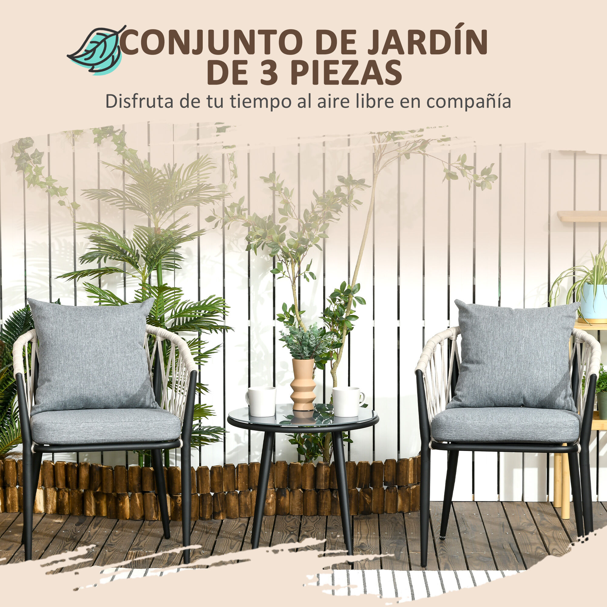 Outsunny Conjunto de Muebles de Jard&iacute;n 3 Piezas Juego de Muebles de Terraza Incluye Mesa con Encimera de Vidrio Templado y 2 Sillones con Cojines Reposabrazos de Cuerda Polipropileno Gris, , large Imagen numero 4