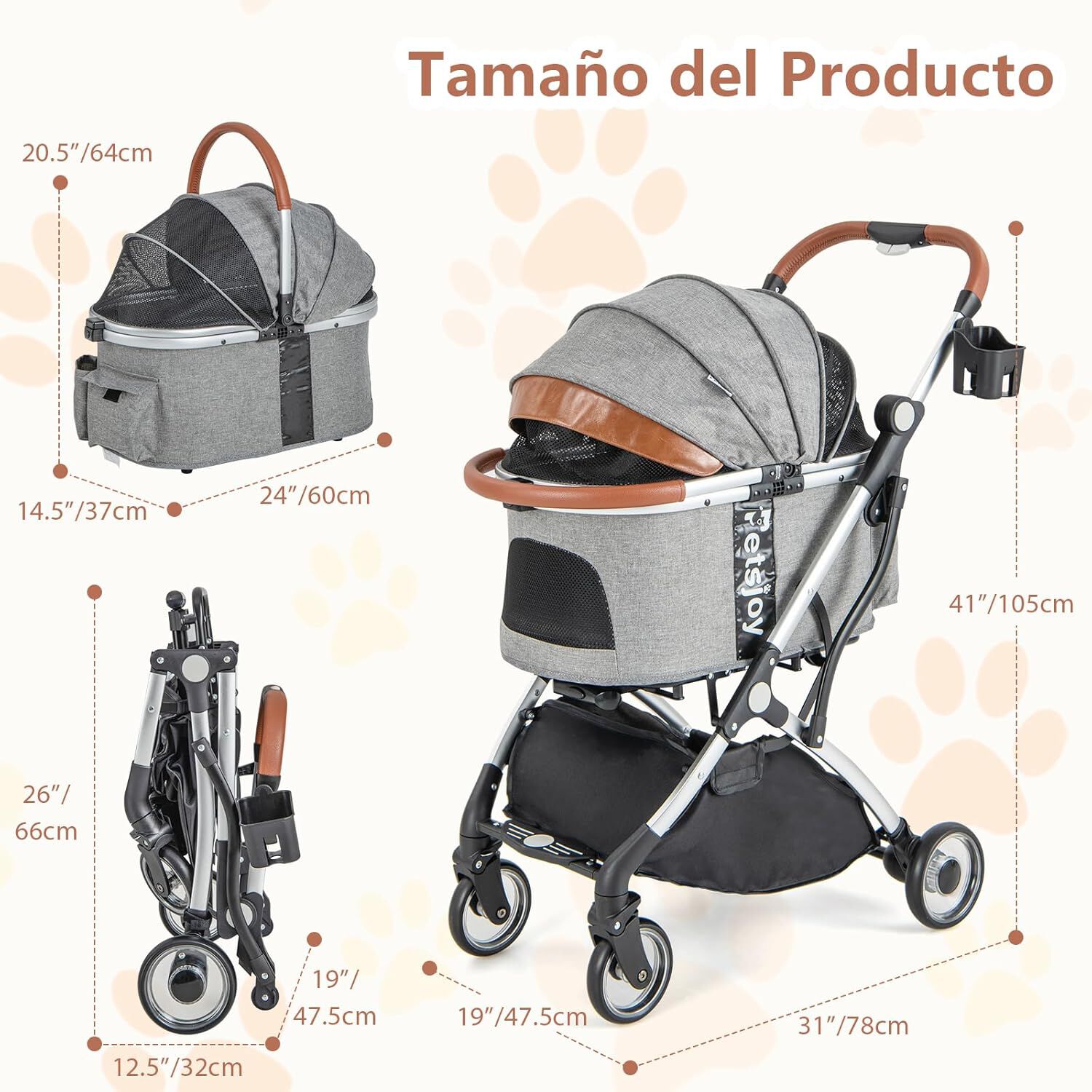 COSTWAY 3 en 1 Cochecito para Mascotas Plegable, Cochecito para Mascotas con Cubierta Desmontable, Cochecito para Perros y Gatos con Cesta de Almacenaje y Ruedas con Freno, 78 x 48 x 105 cm, , large Imagen numero 5
