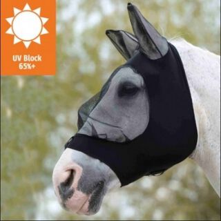 Máscara con redecilla elástica y orejeras para caballos color Negro
