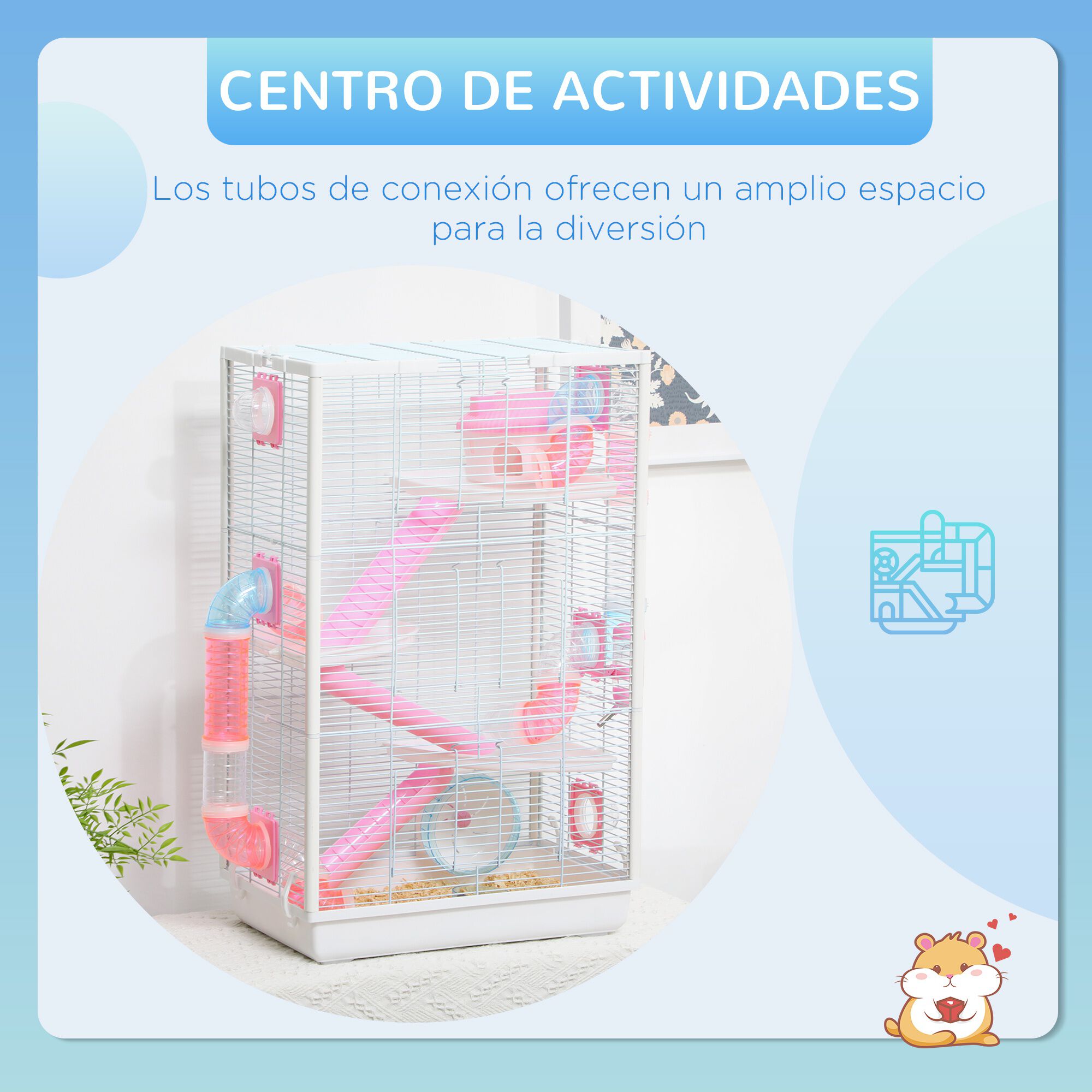 PawHut Jaula para H&aacute;mster con T&uacute;nel Casa para Animales Peque&ntilde;os 47x29,5x76 cm con 3 Puertas Plataformas Bandeja Cuenco Bebedero Casita 3 Rampas y Rueda de Ejercicio Blanco, , large Imagen numero 4