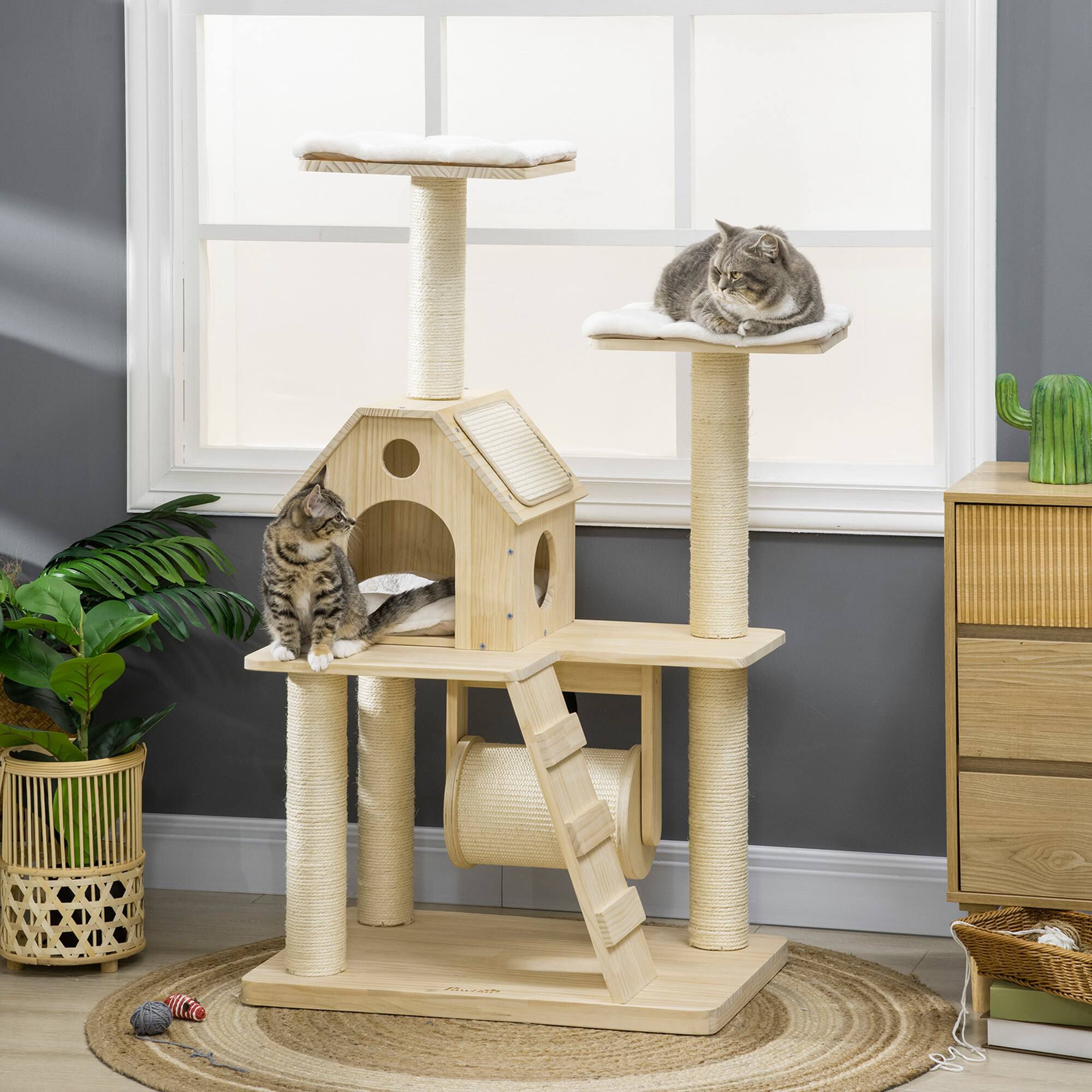 PawHut &Aacute;rbol Rascador para Gatos de Madera Altura 125 cm Torre para Gatos con Camas Coj&iacute;n Lavable Cueva Rodillo Postes de Sisal y Rampa 70x50x125 cm Natural, , large Imagen numero 2