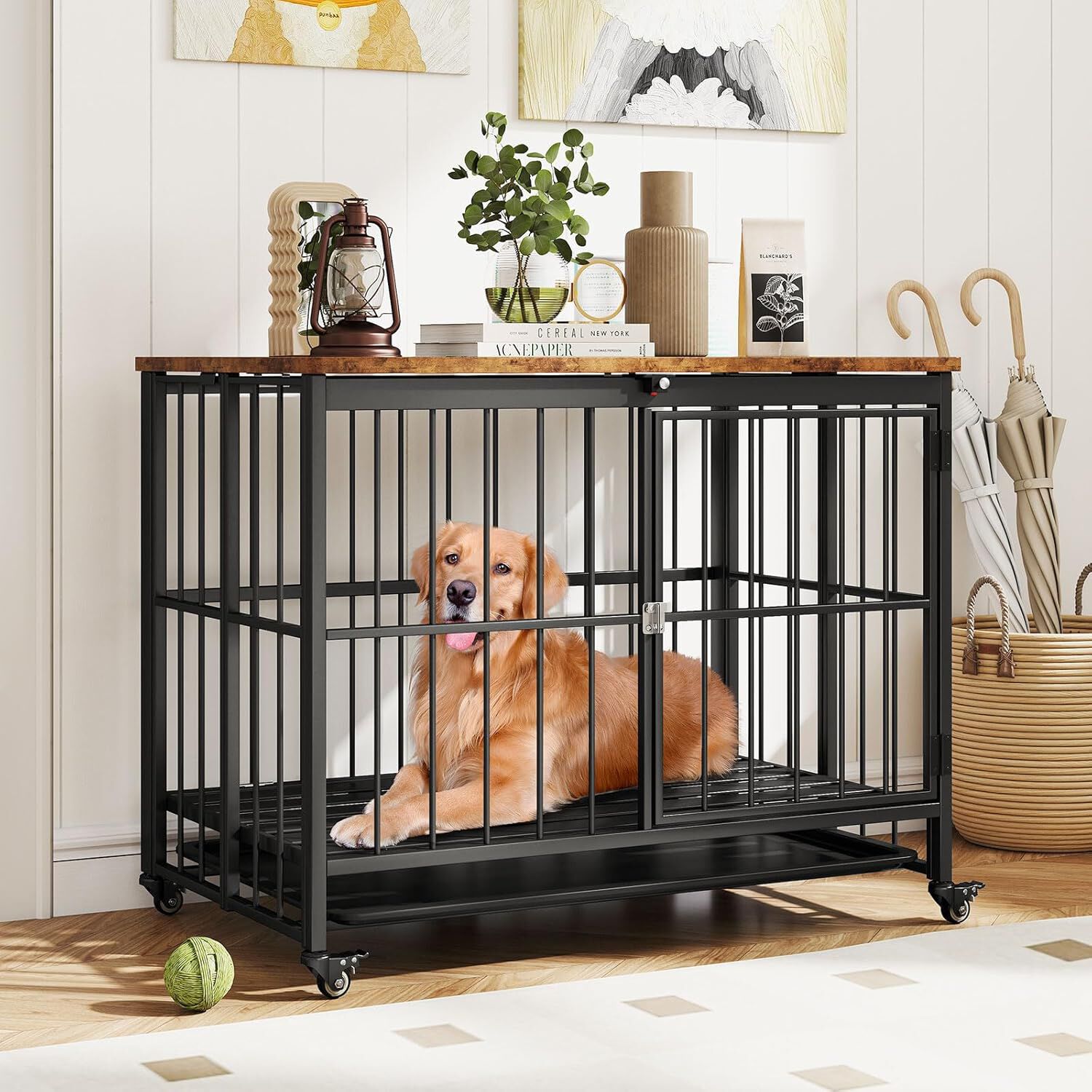 COSTWAY Jaula Plegable para Perros, Casa para Perros con Puerta, Ruedas Bloqueables y Bandeja Extra&iacute;ble, Ahorra Espacio, Mueble de Madera para Perro con Estructura Met&aacute;lica de Interior (80x61x64 cm), , large Imagen numero 7