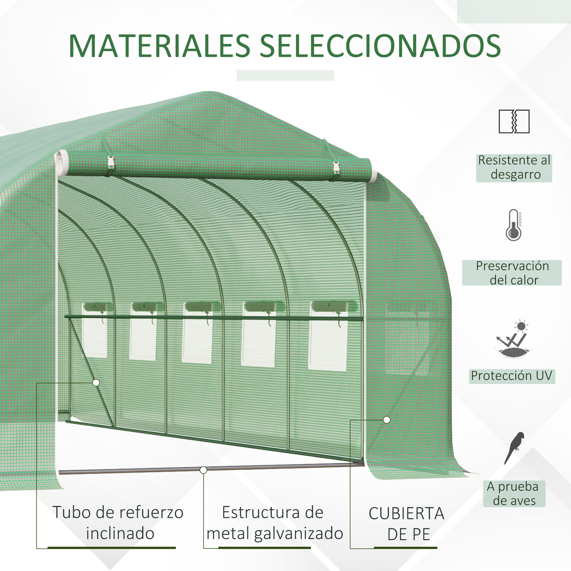Outsunny Invernadero de T&uacute;nel 6x3x2 m Invernadero de Jard&iacute;n con Puerta y 12 Ventanas Enrollables de Polietileno y Acero Galvanizado Huerto para Cultivos Plantas Flores Verde, , large Imagen numero 4
