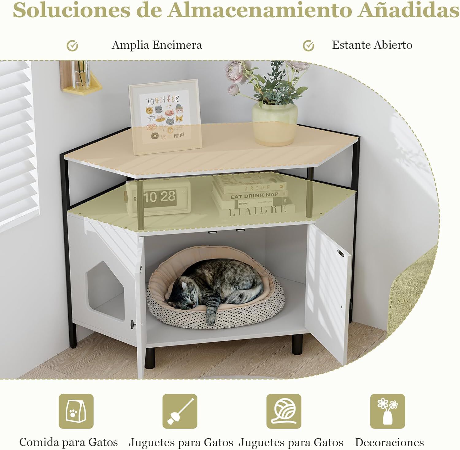 COSTWAY Mueble Arenero para Gatos, Casa Esquinera para Gatos de Madera con Estante Abierto, 2 Puertas, 2 Entradas y Patas de Metal, Casa de Ba&ntilde;o para Mascota, 105 x 50 x 73 cm (Blanco), , large Imagen numero 5