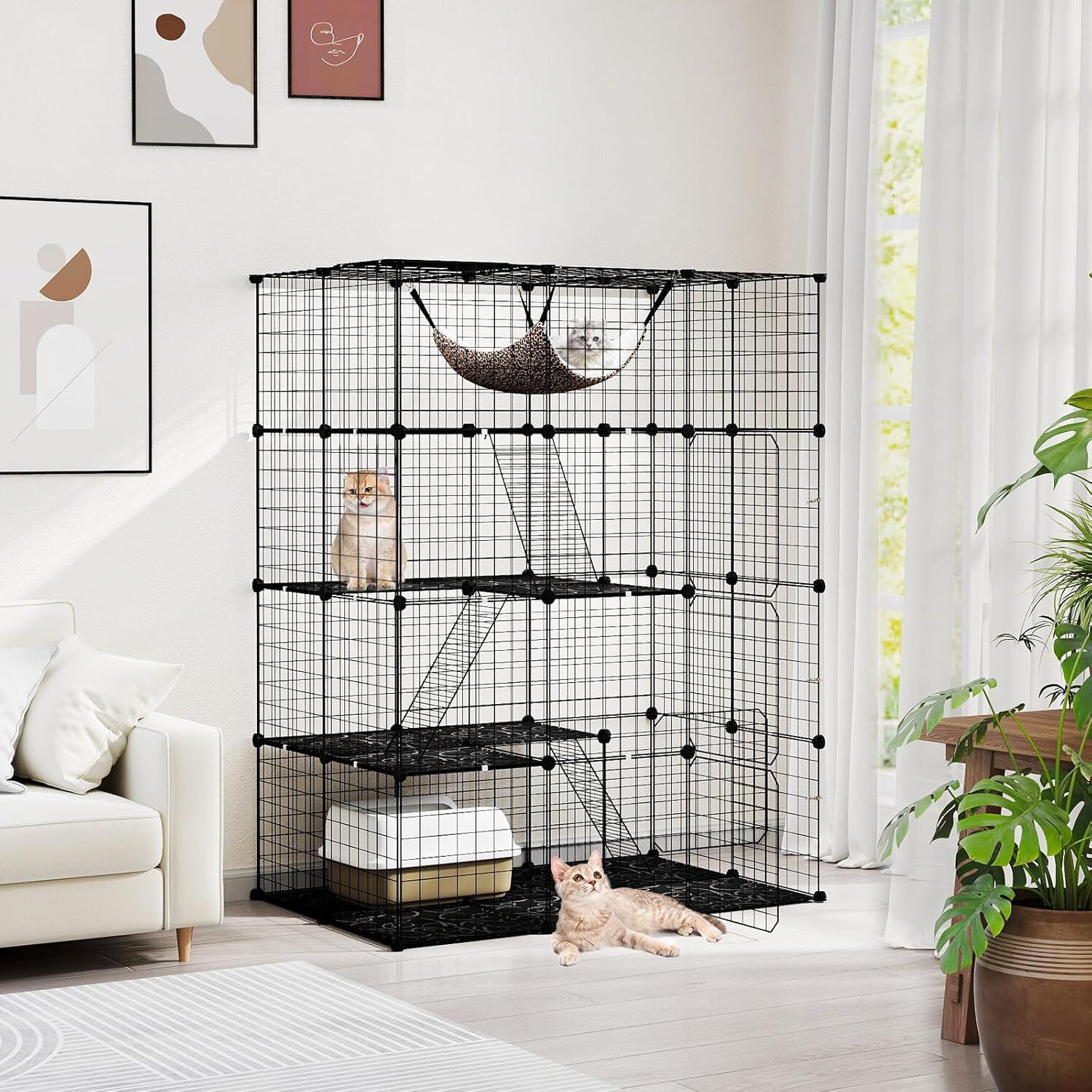 COSTWAY Jaula para Gatos de 4 Niveles, Recintos Grande para Gatos con una Hamaca, 3 Escaleras, 4 Puertas y 1 Ventana en el Techo, Jaula Met&aacute;lica para Gatos de Interior (109,5 x 74,5 x 143 cm), , large Imagen numero 2
