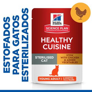 Hill's Science Plan Healthy Cuisine Sterilised Pollo y Verduras sobre para gatos