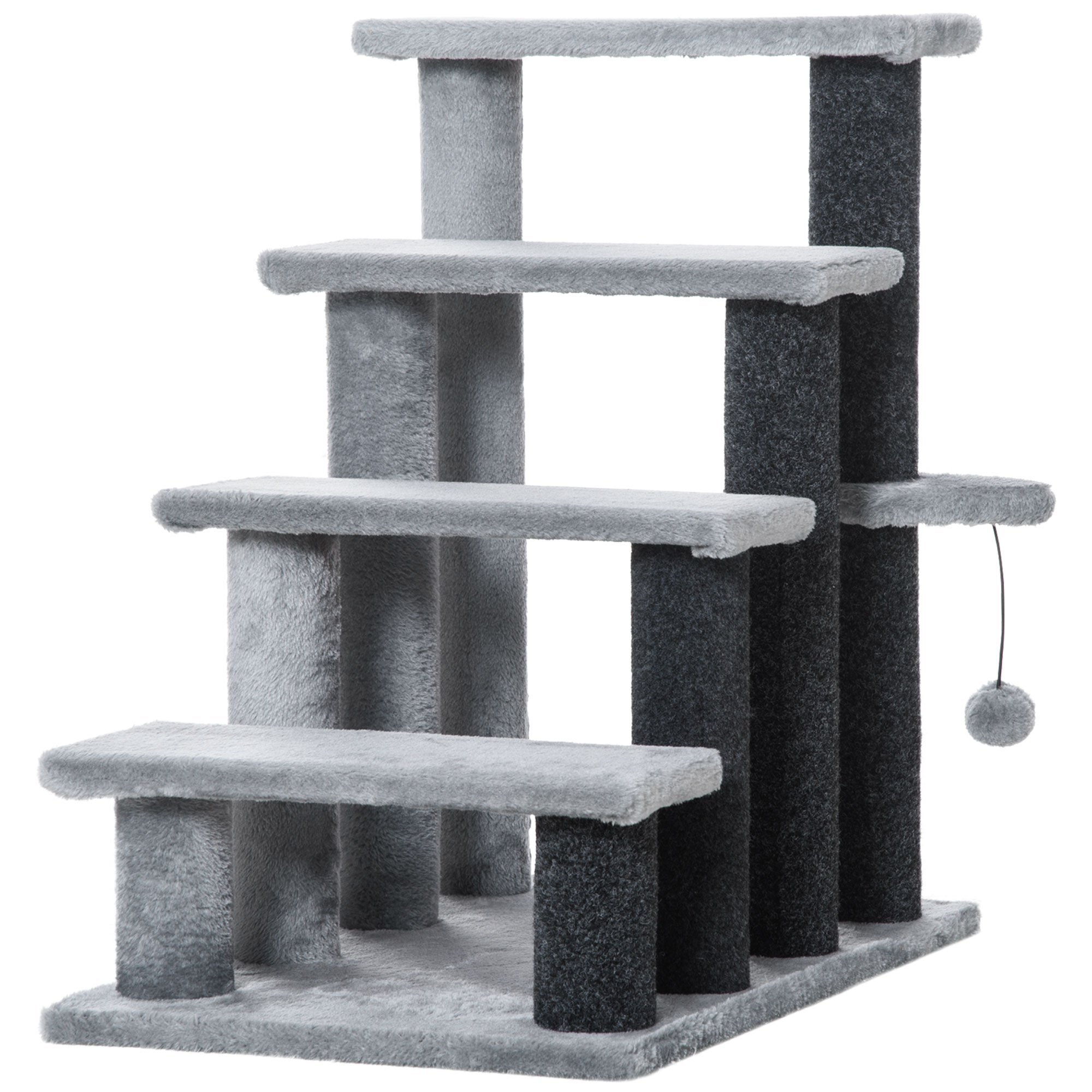 PawHut Escaleras para Gatos de 4 Escalones Escaleras para Mascotas &Aacute;rbol Rascador para Gatos Peque&ntilde;o con Poste Rascador Bola Colgante 60x40x64 cm Gris, , large Imagen numero 1