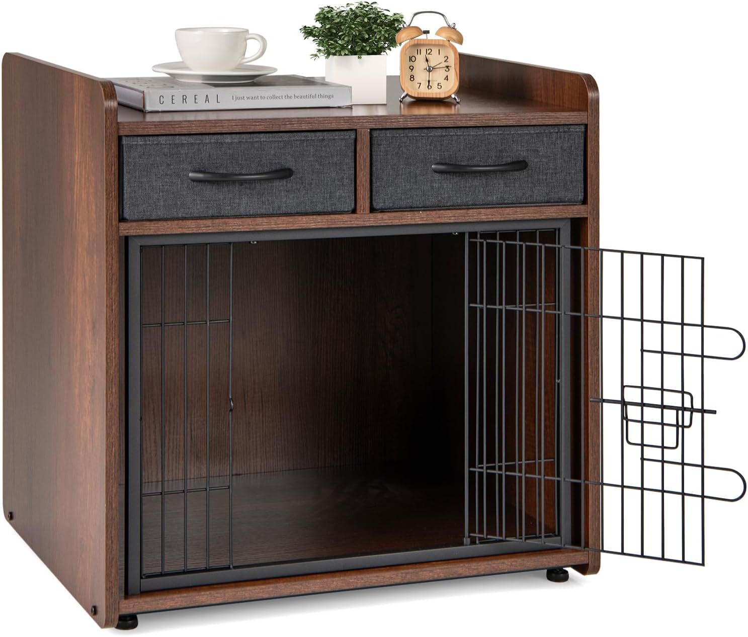 COSTWAY Jaula para Perros de Madera, Cajones Perro Estilo Mueble con 2 Cajones de Tela, Puerta con Cerradura, Casa para Mascotas para Perros Peque&ntilde;os y Medianos, Mesa Auxiliar, 62X49,5X63 cm, , large Imagen numero 1