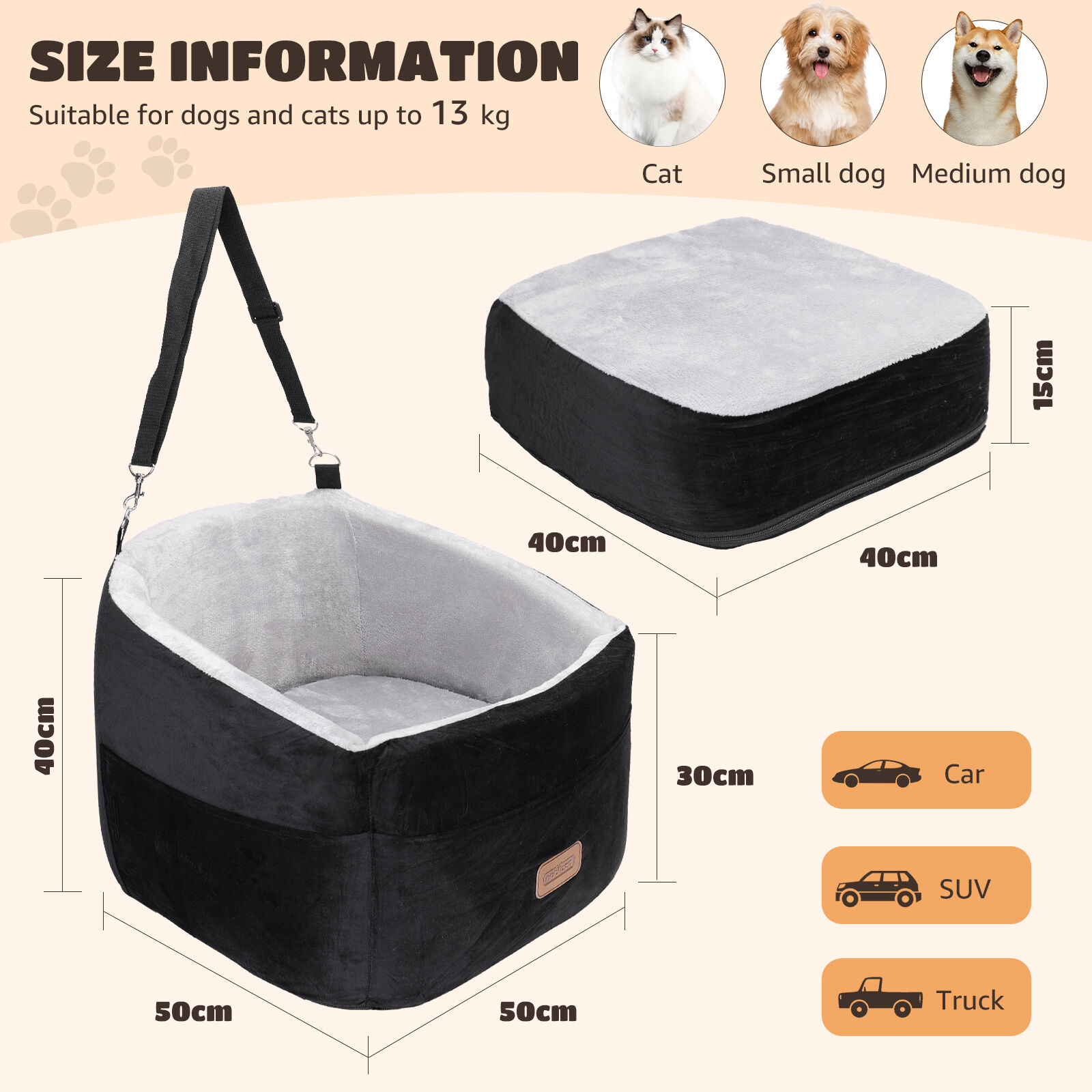 Nobleza Asiento Perro Coche Peque&ntilde;o, Asiento Elevado para Mascotas con Coj&iacute;n Grueso y Bolsillos Laterales, Cama Perro Coche Lavable Segura y C&oacute;moda para Perros y Gatos, 50 * 50 * 40 cm, Negro, , large Imagen numero 4