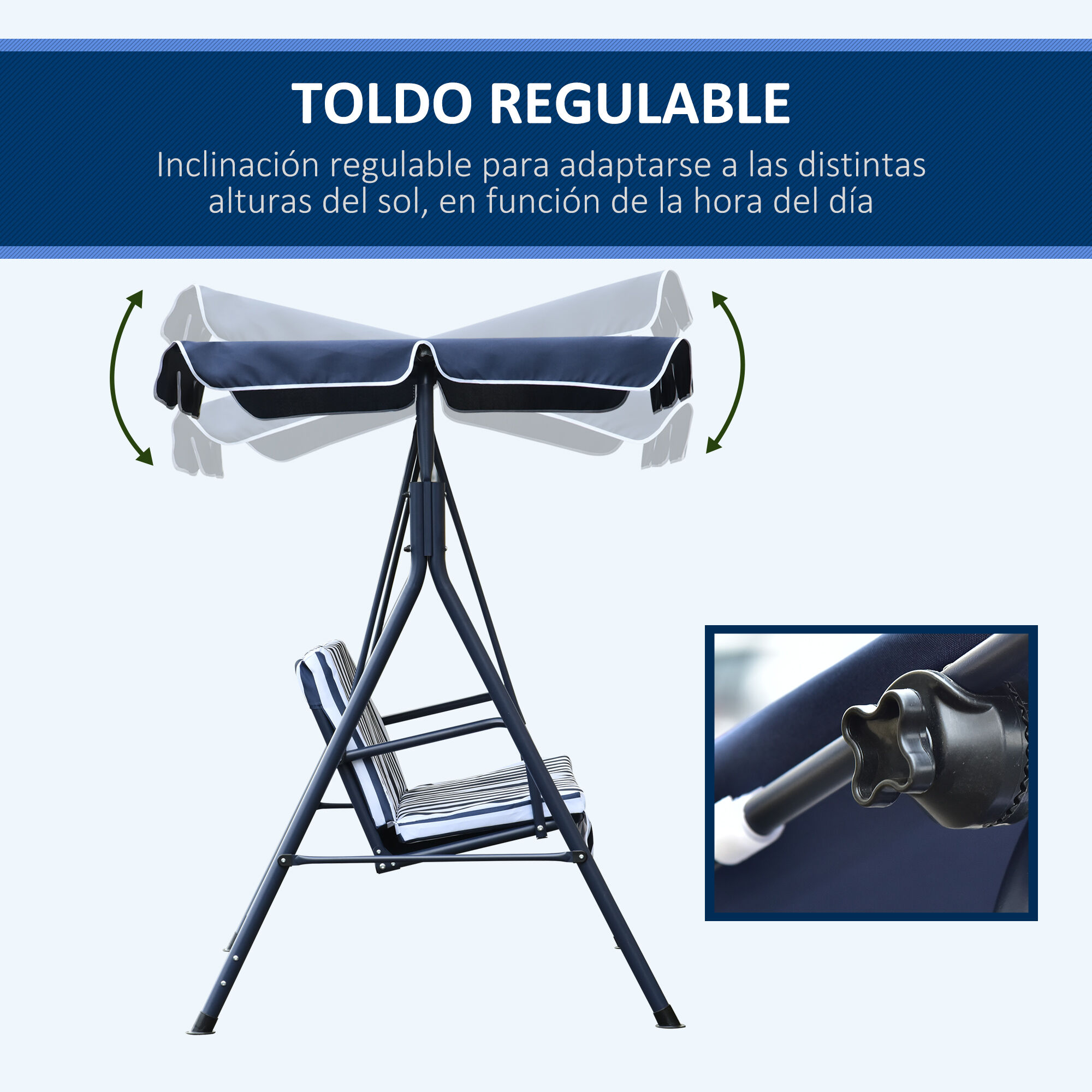 Outsunny Columpio Balanc&iacute;n de Jard&iacute;n Exterior de 3 Plazas con Coj&iacute;n Techo Ajustable y Marco de Metal para Balc&oacute;n Terraza Patio Carga M&aacute;x. 200 kg 172x110x153 cm Raya Azul, , large Imagen numero 4