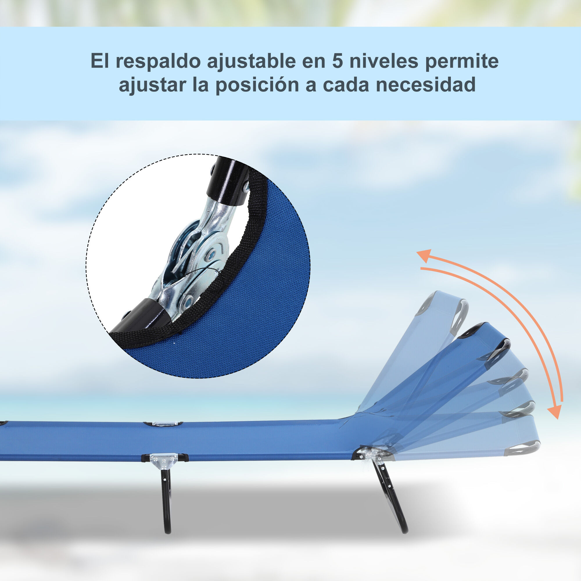 Outsunny Conjunto de 2 Tumbonas Plegables Tumbonas de Jard&iacute;n Reclinables con Respaldo Ajustable en 5 Niveles Carga 120 kg para Terraza Piscina 188x56x28 cm Azul, , large Imagen numero 4