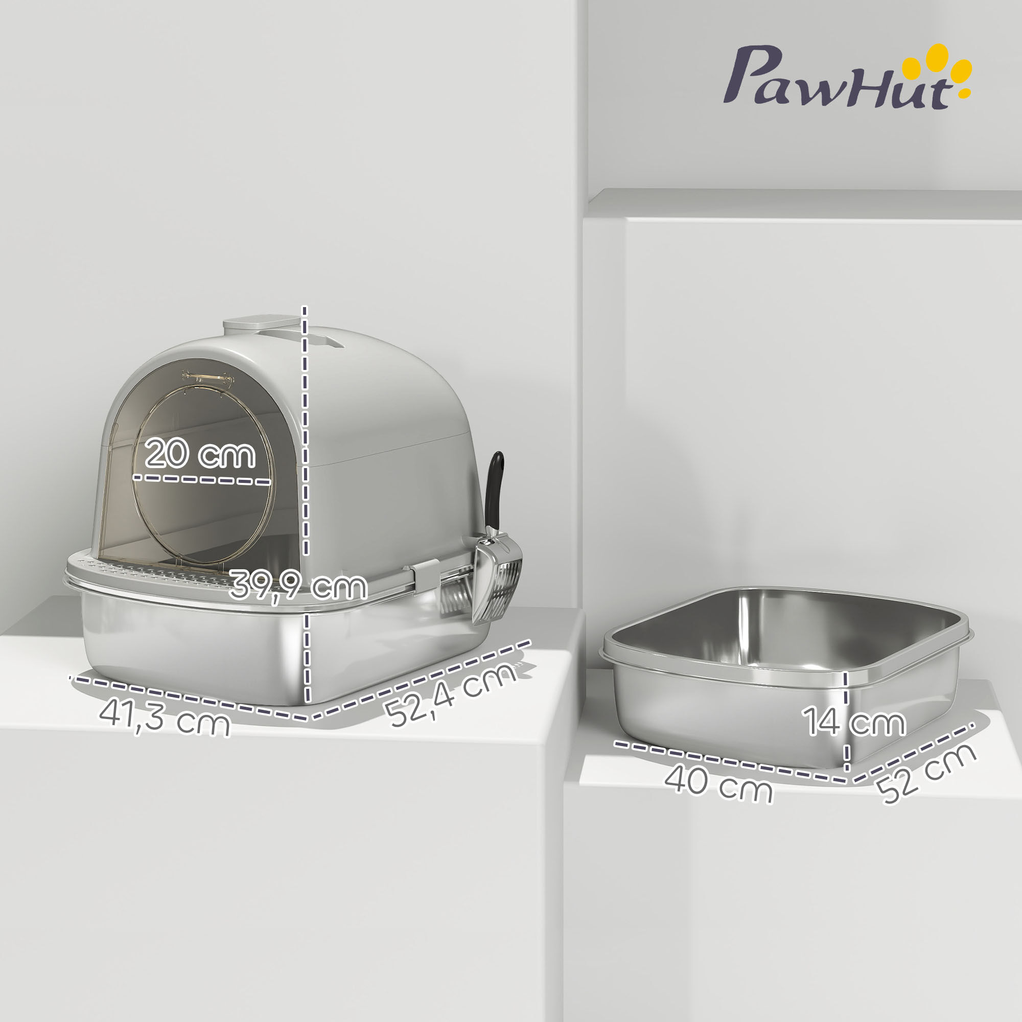 PawHut Arenero para Gatos de Acero Inoxidable con Cubierto Caja de Arena para Gatos Arenero con Bolsa Desodorizante Pala Fácil de Limpiar 52,4x41,3x39,9 cm Gris thumbnail