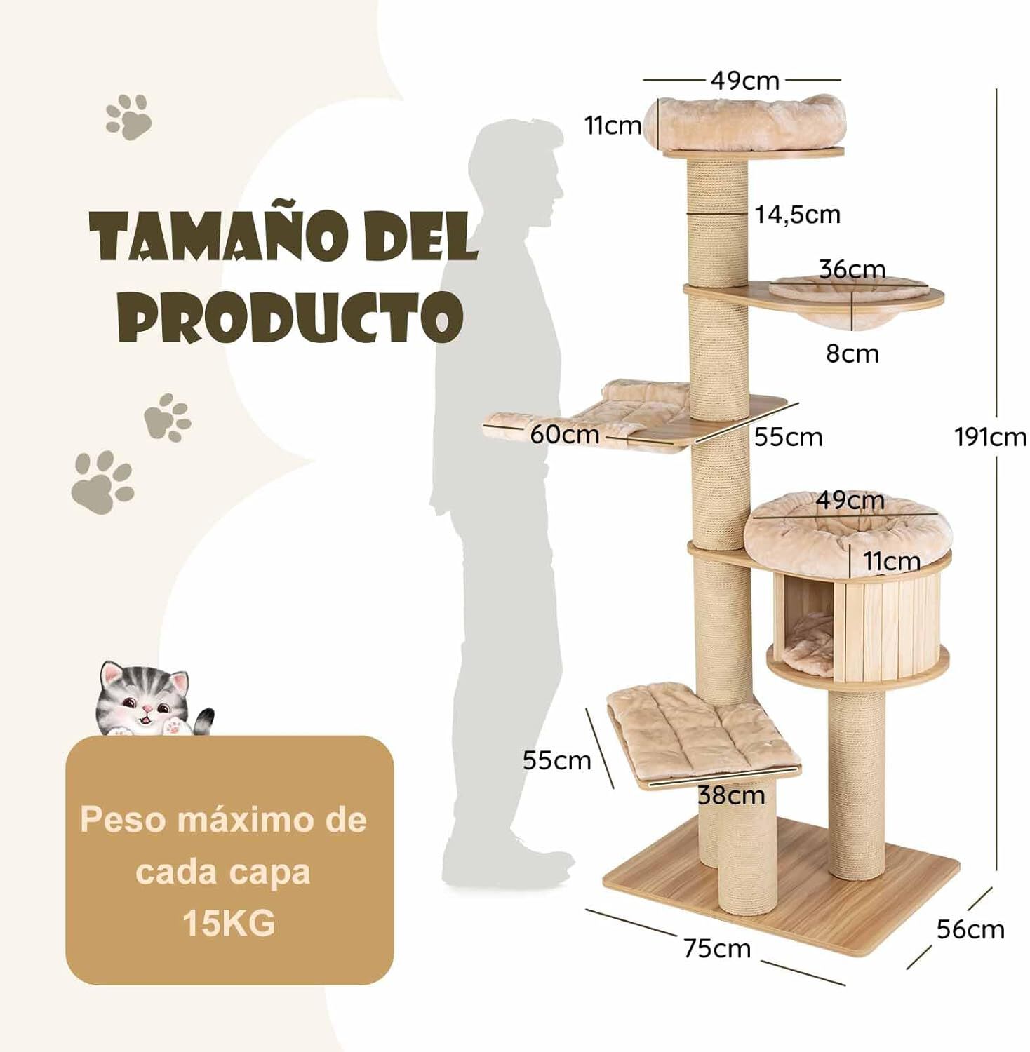 COSTWAY Rascador para Gatos, &Aacute;rbol para Gatos Altura 191 cm, Condominio de Madera,Percha Espaciosa, Hamaca, Cama, Postes de Rascado y Tapetes Lavables, Centro de Actividades para Gatos, , large Imagen numero 5