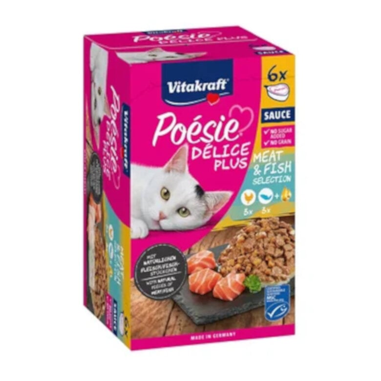 6 sobres x 85 g Vitakraft Poésie Delice plus Pollo y Salmón Tarrina en Salsa para gatos