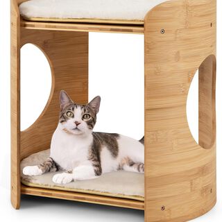 COSTWAY Casa de Gatos de 2 Niveles con Marco de Bambú Natural y Alfombrillas Suaves para gatos