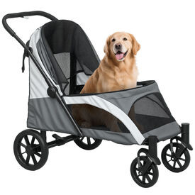 PawHut Carrito para Perros Plegable Cochecito para Perros Grandes hasta 30 kg con Ruedas Grandes Correas de Seguridad Marco Amortiguador Cojín Lavable 124x67x100 cm, Gris Oscuro