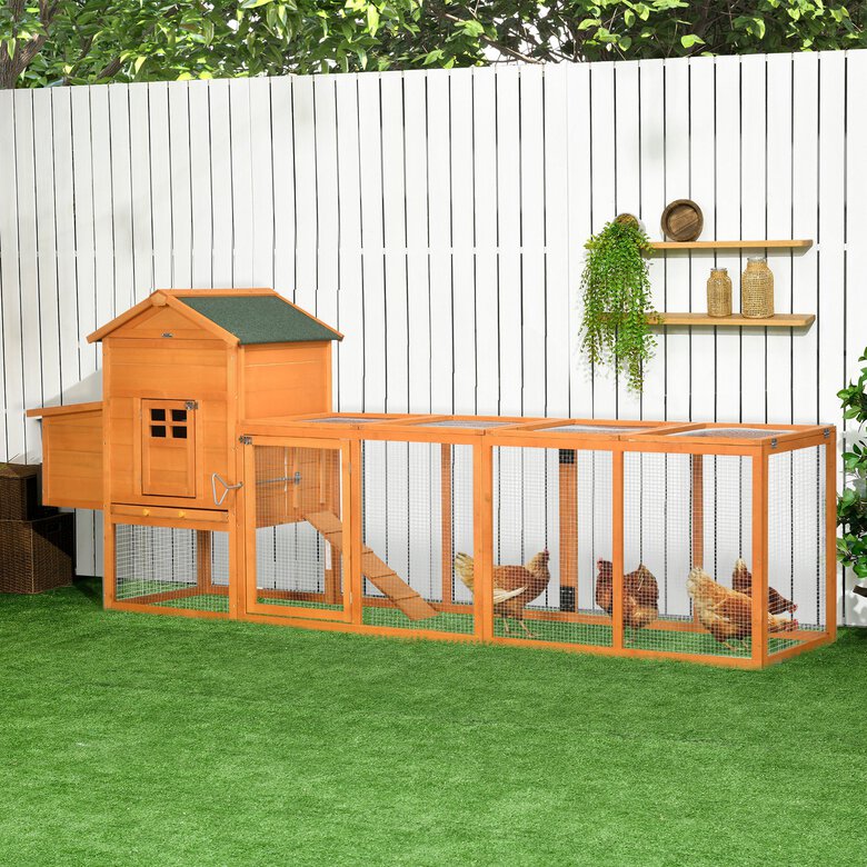 PawHut Gallinero de Madera 297,5x68x118 cm Jaula Grande para 3-6 Gallinas con Techo Asfáltico Corral de Metal Puerta de Pestillo Nido Bandeja Extraíble y Rampa Natural, , large image number null