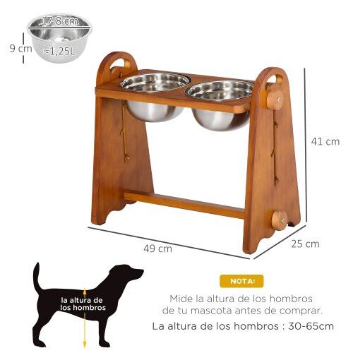 PawHut comedero elevado 2 platos marr&oacute;n para perros, , large Imagen numero 3