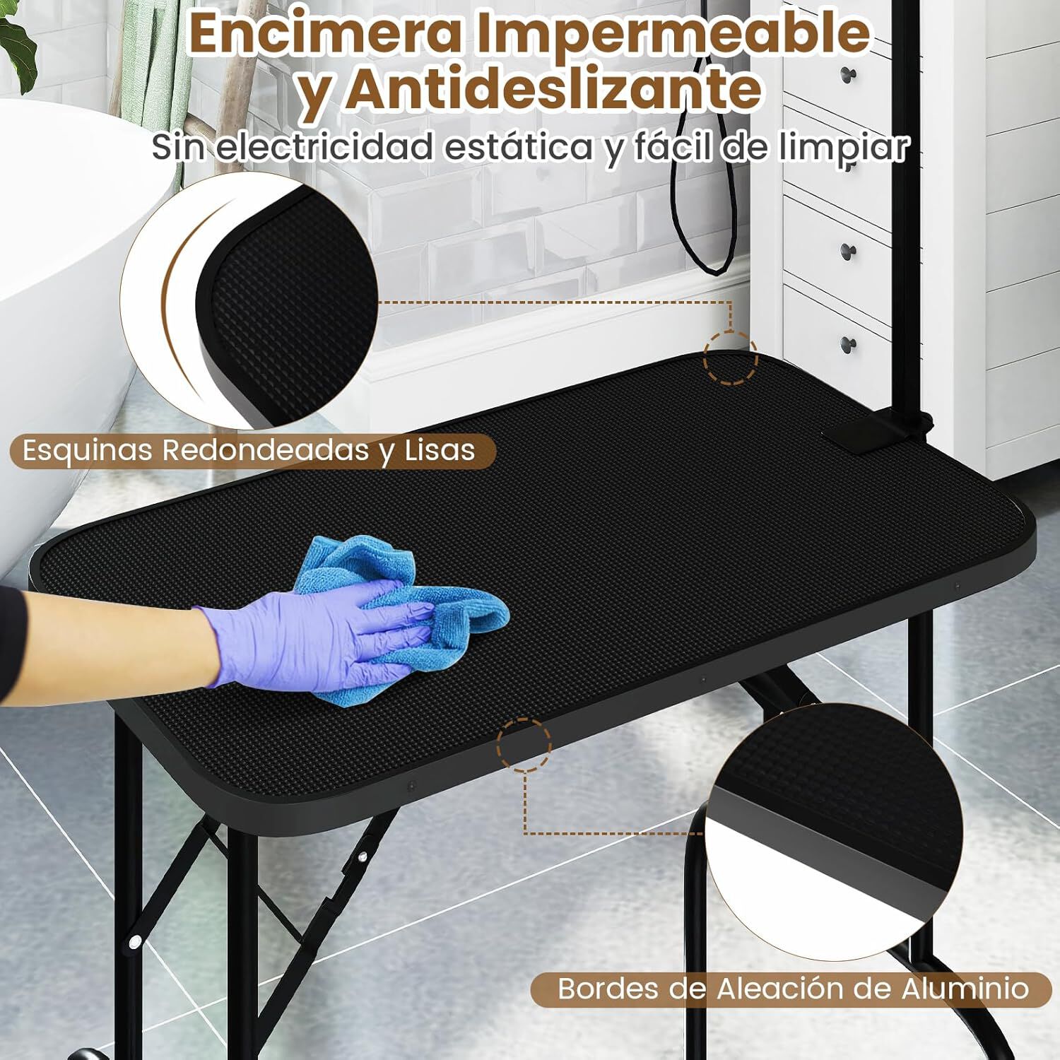 COSTWAY Mesa de Aseo para Mascotas, Mesa Plegable con Brazo Ajustable en Altura y Lazo, Superficie Antideslizante e Impermeable, Ideal para Perros y Gatos Peque&ntilde;os y Medianos, Negro, , large Imagen numero 4