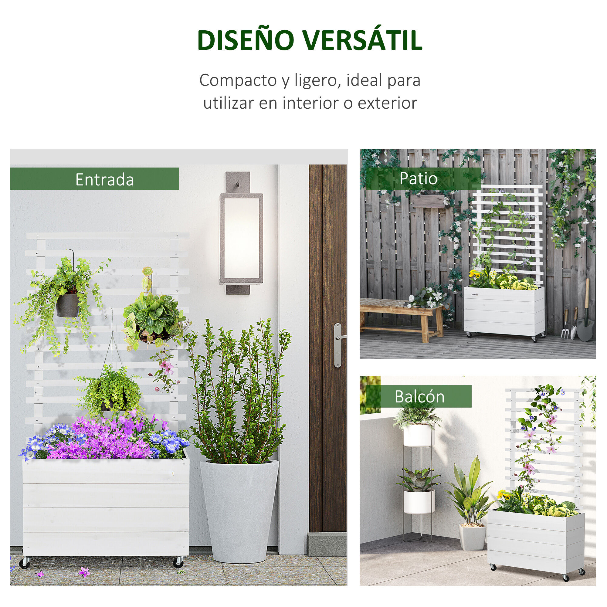 Outsunny Jardinera con Enrejado de Madera Maciza con 4 Ruedas Macetero de Jard&iacute;n con Soporte para Trepadora y Tela Geotextil para Cultivos Plantas Flores 76x30x155 cm Blanco, , large Imagen numero 4