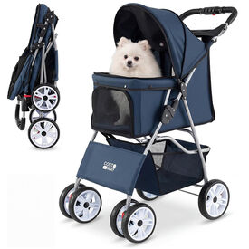 COSTWAY Cochecito para Mascotas, Carrito para Perros Plegable con Ruedas Grandes, Malla Transpirable, Cubierta Impermeable, Portavasos y Cesta, Carro para Perros Peque&ntilde;os y Gatos hasta 15 kg, Azul