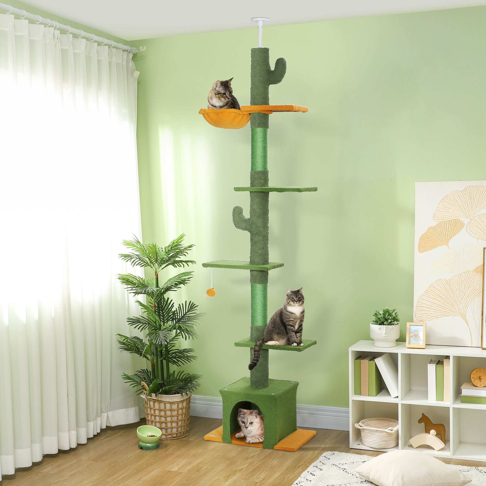 PawHut Árbol para Gatos de Suelo a Techo de 230-275 cm, Torre para Gatos con Altura Ajustable, Plataformas, Cueva, Hamaca, Postes de Sisal y Bola de Juguete, Verde thumbnail