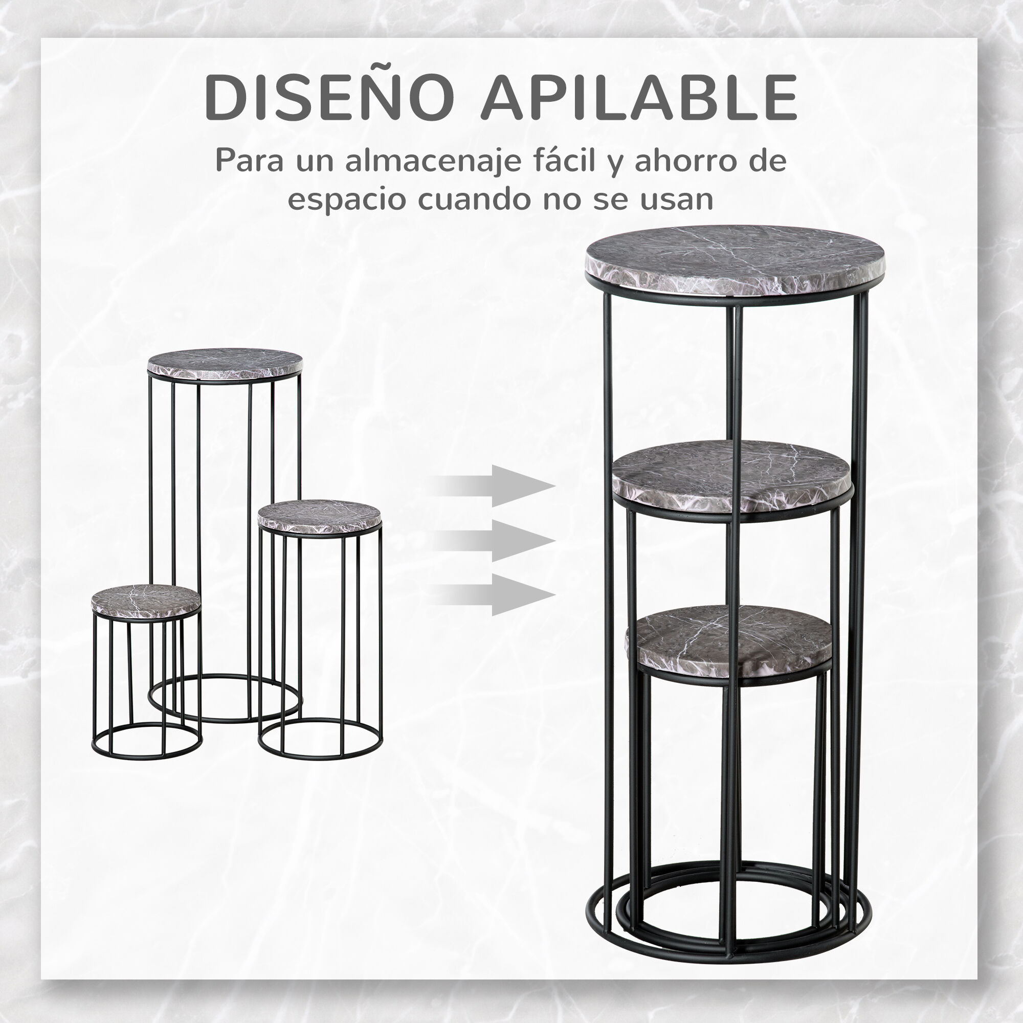 Outsunny Soportes para Plantas de Metal 3 Piezas Apilables Estantes Porta Macetas Decorativos con Efecto de M&aacute;rmol para Interiores y Exteriores &Oslash;30,5x70,5 cm Gris y Negro, , large Imagen numero 5