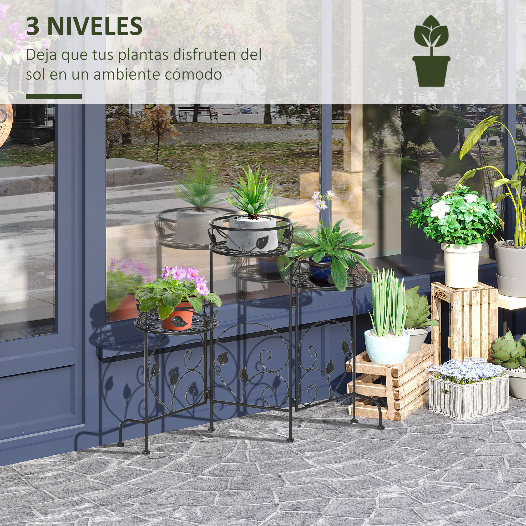 Outsunny Soporte de Metal para Plantas Macetas Plegable Estanter&iacute;a para Flores con 3 Estantes Decoraci&oacute;n Interiores Exteriores para Jard&iacute;n Terraza Balc&oacute;n 74x23x62 cm Negro, , large Imagen numero 4