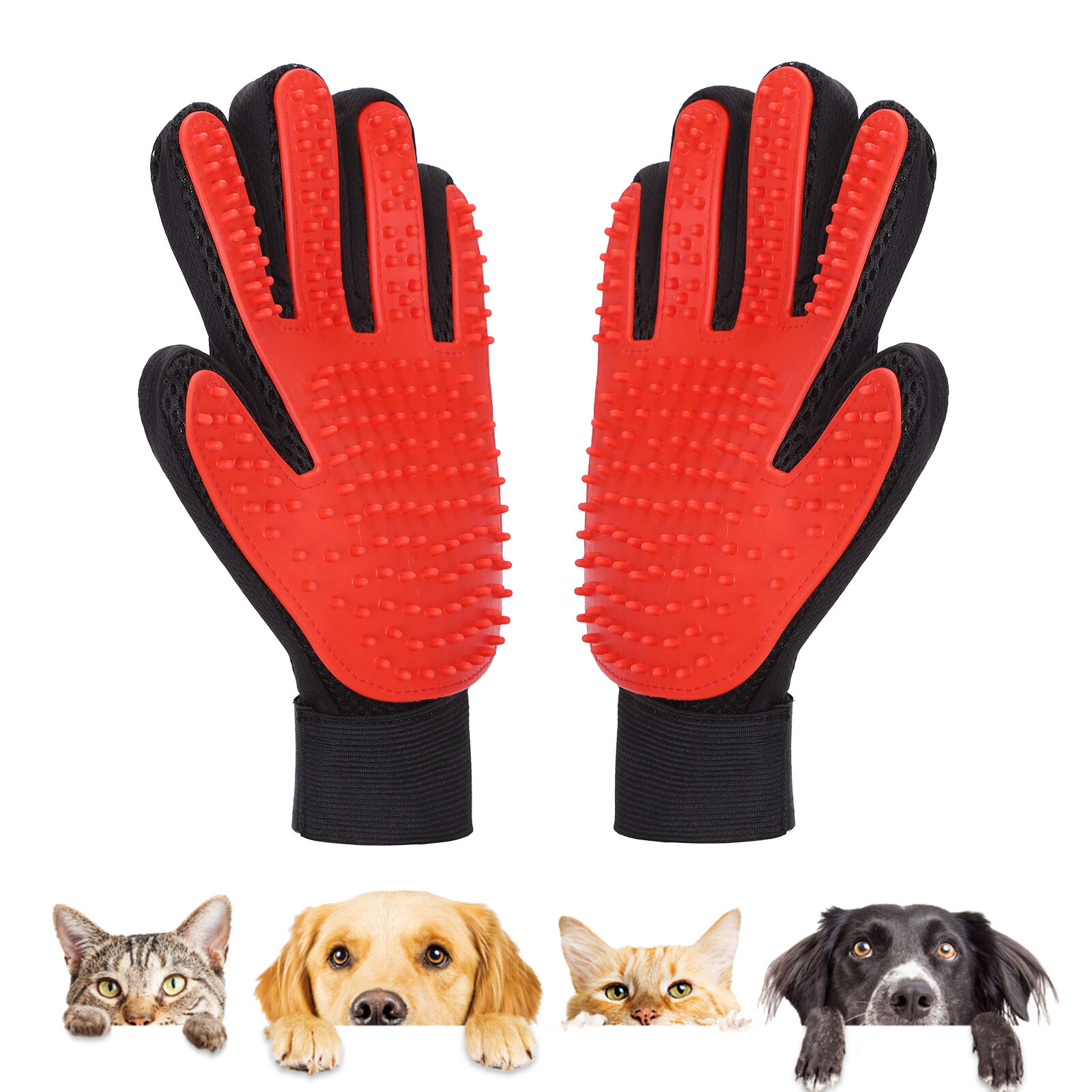 Nobleza - Guante Pelo Gato, Cepillo para Perros y Gatos Lavable y Reutilizable, Pack de 2 Guantes de Aseo para Perros y Gatos con Pulseras de Velcro Ajustables, Guantes Quita Pelos Gato, Rojo, , large Imagen numero 1