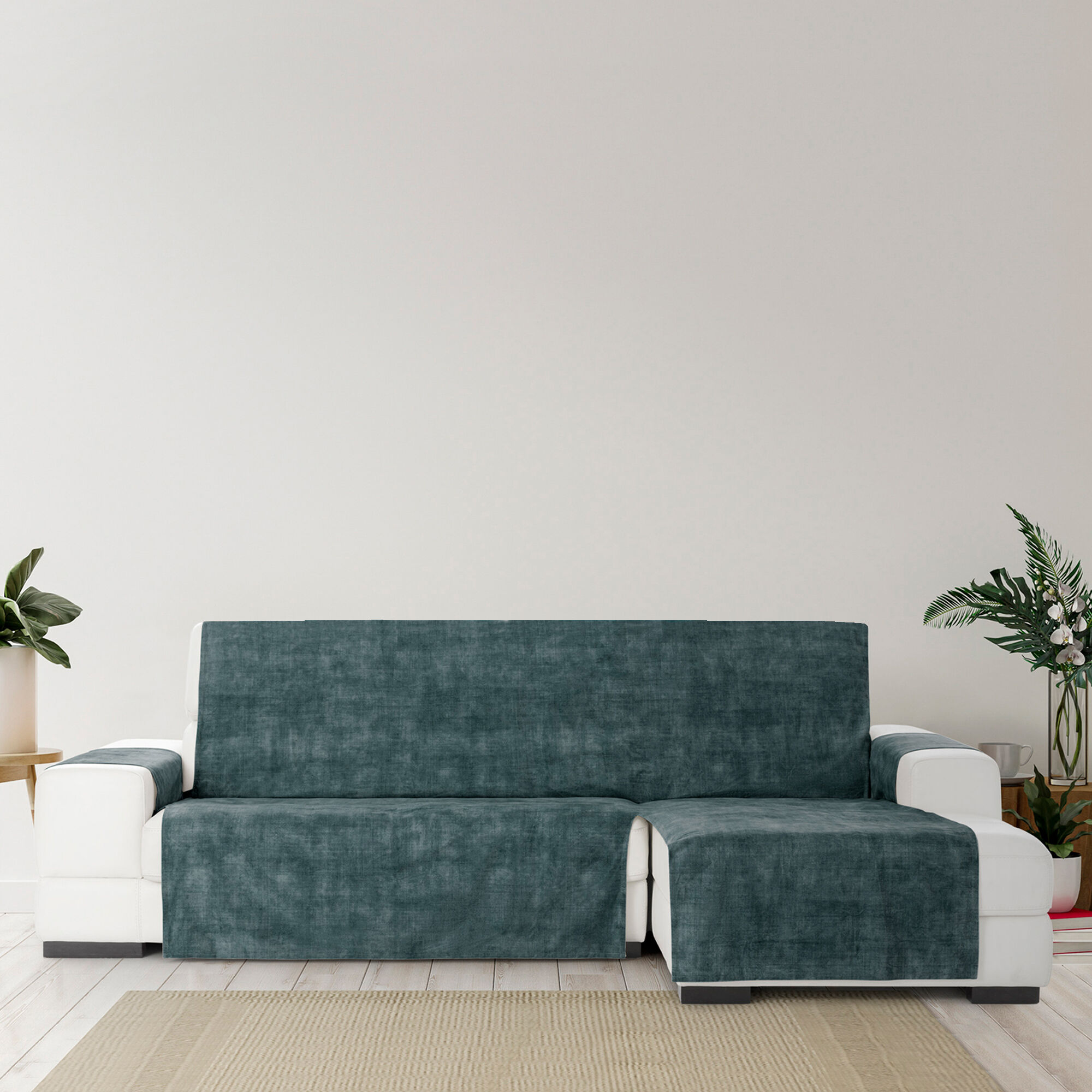 Cubre Sof&aacute; Protector Antimanchas acabado aterciopelado Azul Chaise Longue Derecho 240 cm (250-300 cm), , large Imagen numero 3