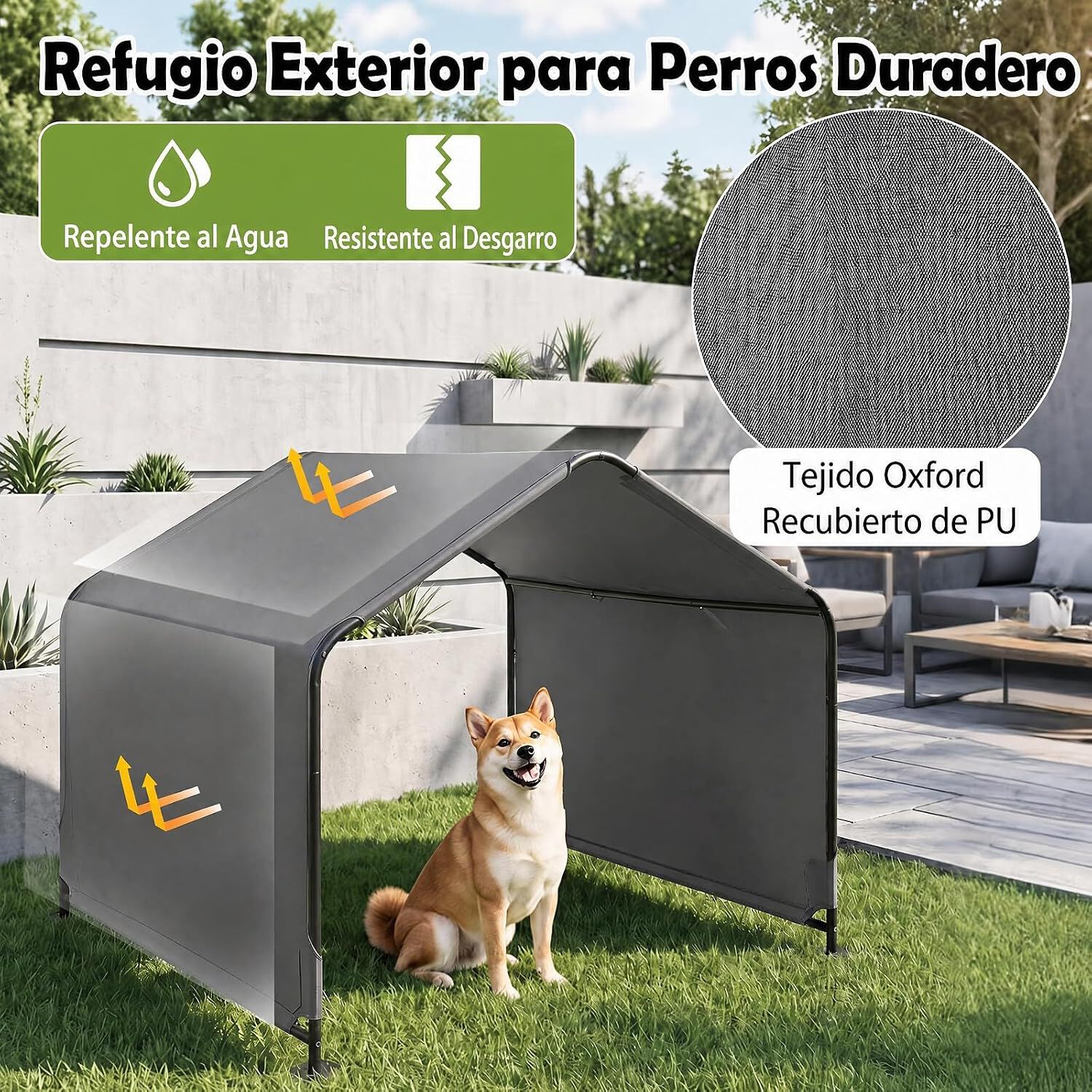 COSTWAY Sombras para Perros para Exterior, Caseta Perros Exterior con Techo Impermeable, Estacas de Tierra, Carpa con Toldo Resistente al Sol, 126 x 118 x 108 cm, Gris, , large Imagen numero 4