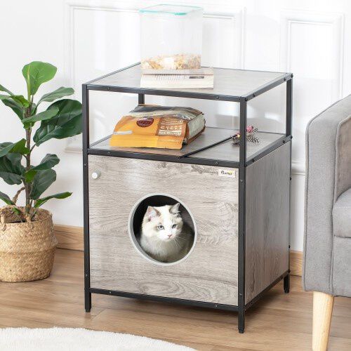 PawHut casa de madera y mesa auxiliar para gatos, , large Imagen numero 2