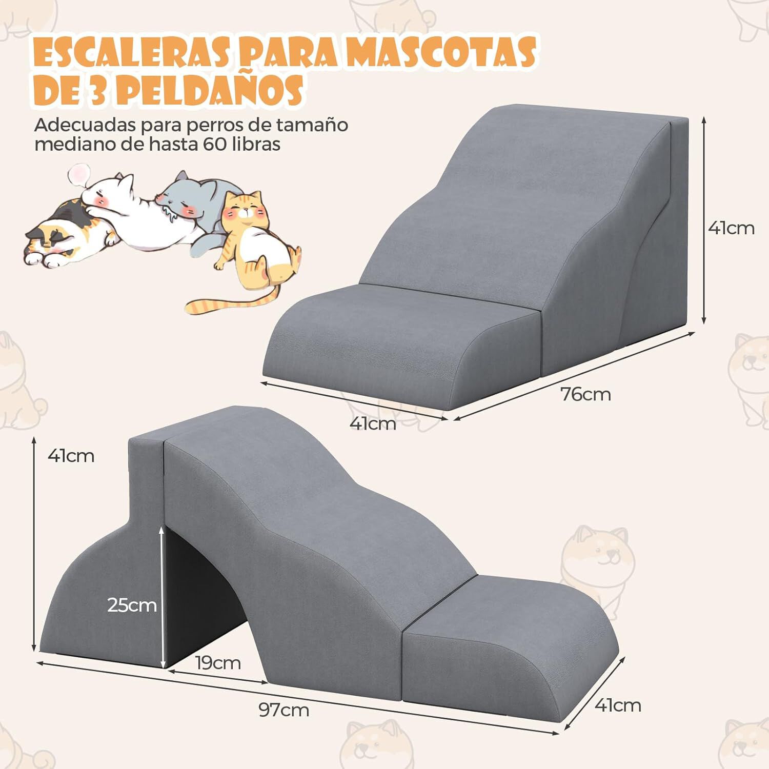 COSTWAY Rampa para Perros de Espuma de 3 Niveles, 97 cm Escalera para Mascotas Extra&iacute;ble y Lavable, Pelda&ntilde;os para Mascotas con Fundo Antideslizante, 2 Rampas para Subir Mascotas, , large Imagen numero 4