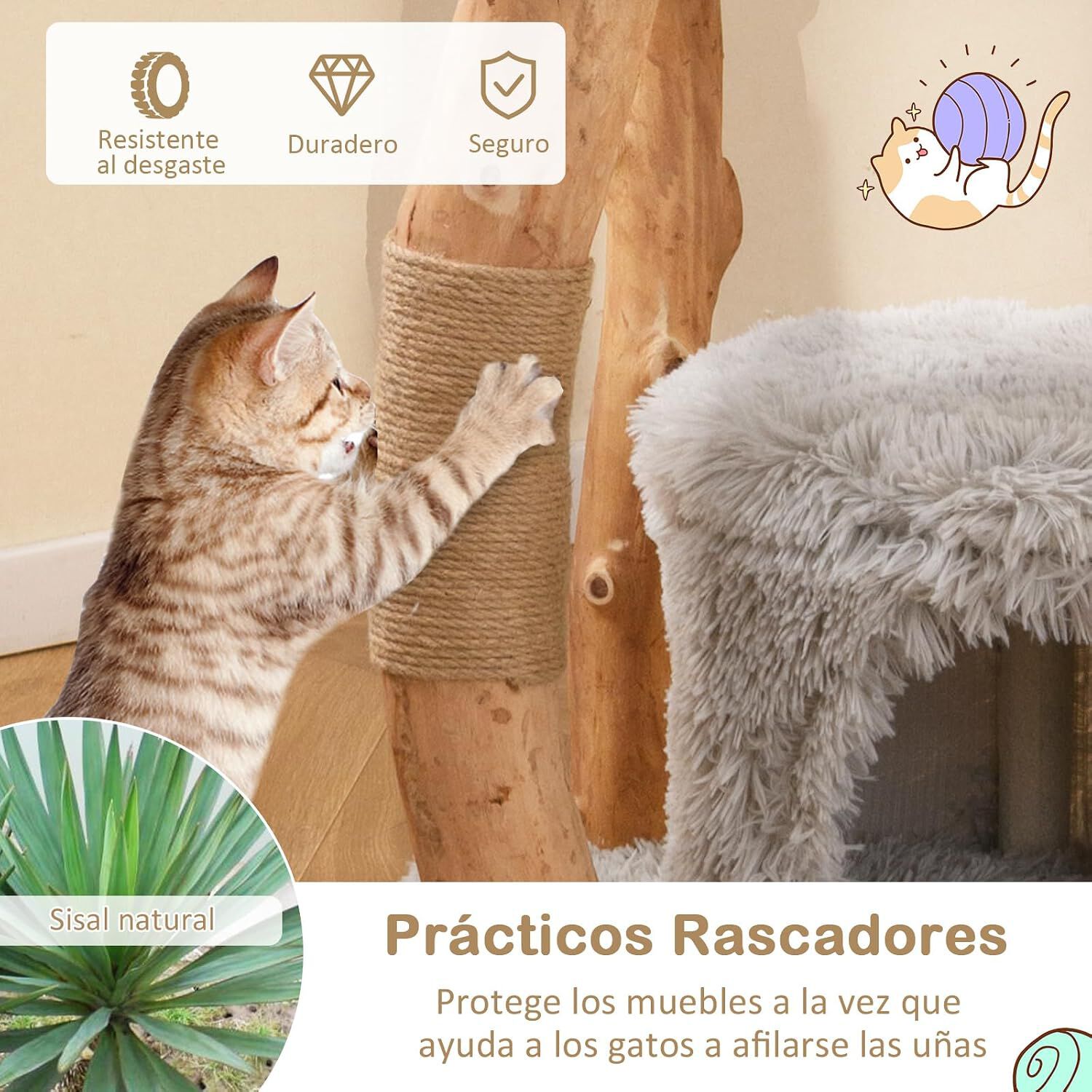 COSTWAY 124cm &Aacute;rbol Rascador para Gatos de Madera Maciza, Torre Rascador para Gatos con Postes de Sisal, Condominio, Plataformas, Centro de Actividades de M&uacute;ltiples Niveles para Gato, Gris, , large Imagen numero 5