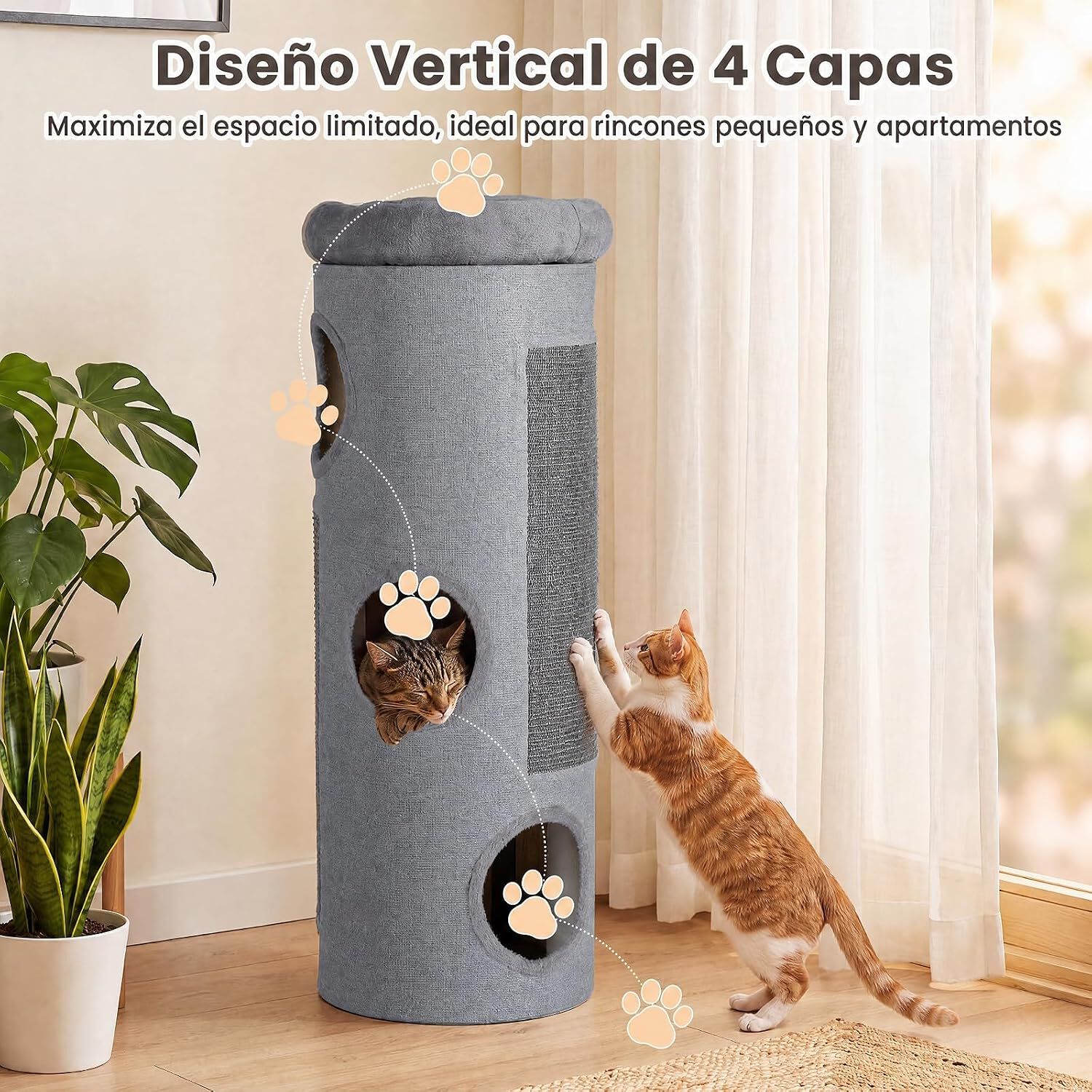 COSTWAY Barril Rascador de 4 Niveles, Poste rascador para Gatos con Cama de Percha Removible, Tablero Rascador de Sisal, Estera de Bamb&uacute; para Gato de Interior, 43 x 43 x 113 cm, Gris Claro, , large Imagen numero 4