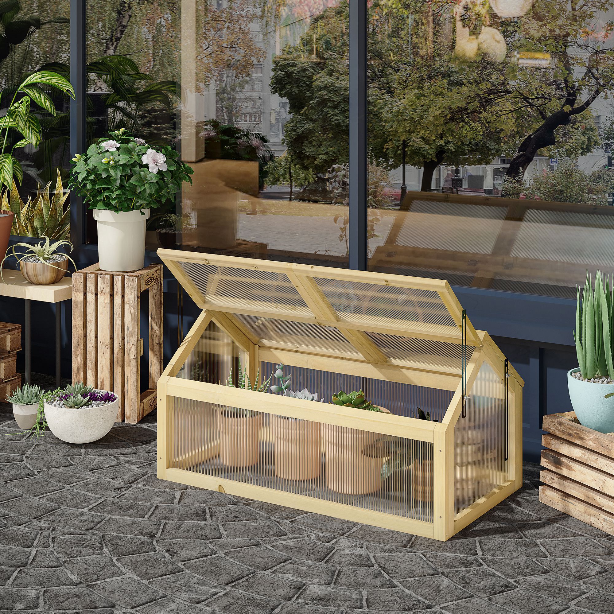Outsunny Invernadero de Jard&iacute;n con Paneles de Policarbonato Huerto Urbano de Jard&iacute;n Vivero Casero con 4 Ventanas Abatibles para Cultivo Plantas Flores Terraza Exterior 90x48x49,5 cm Transparente, , large Imagen numero 2