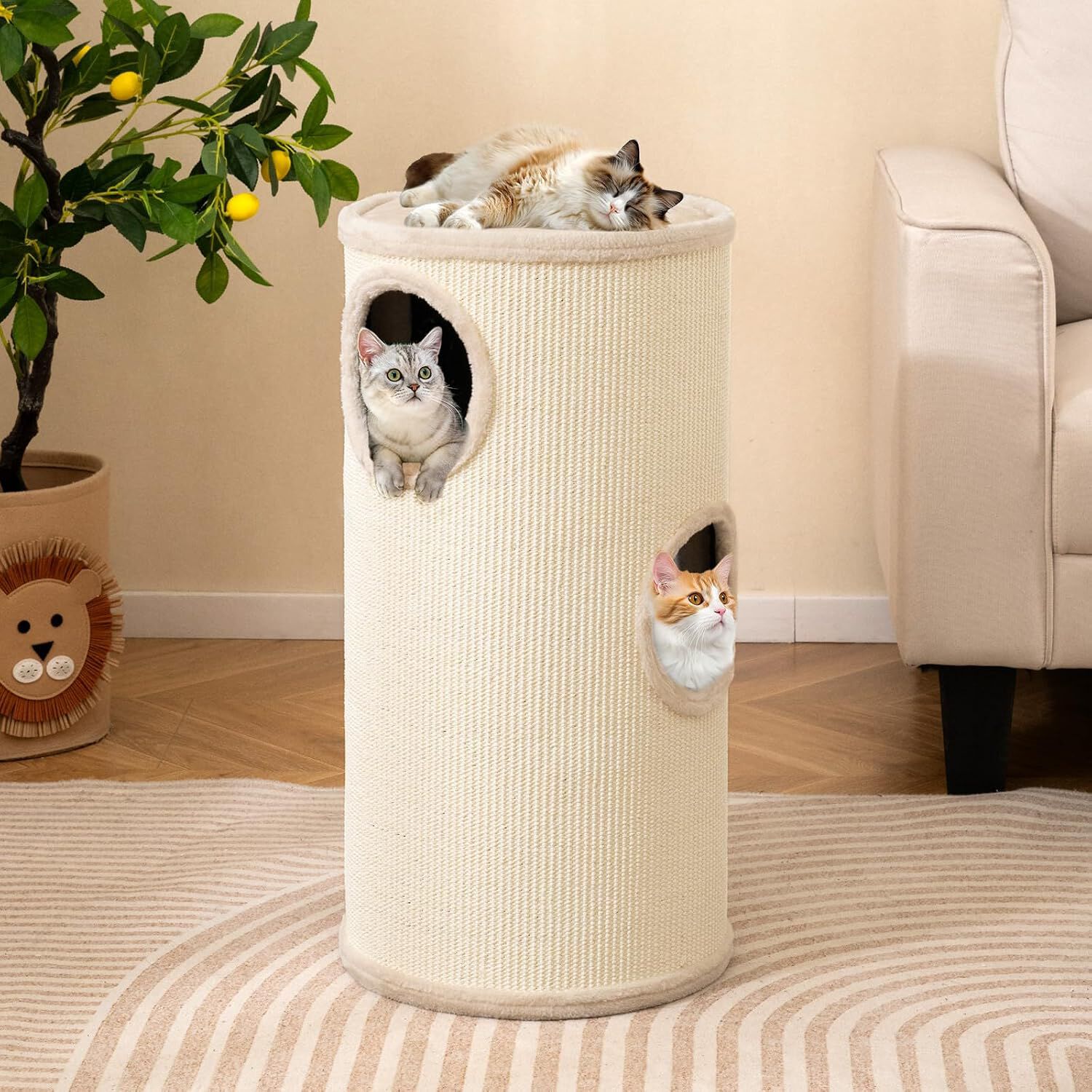 COSTWAY 70 cm Barril Rascador para Gatos de 4 Niveles, Torre Gato Rascador con Almohadilla para Rascar de Sisal, Cama Acolchada, Condominio para Gato Forma Barril, Beige, , large Imagen numero 2