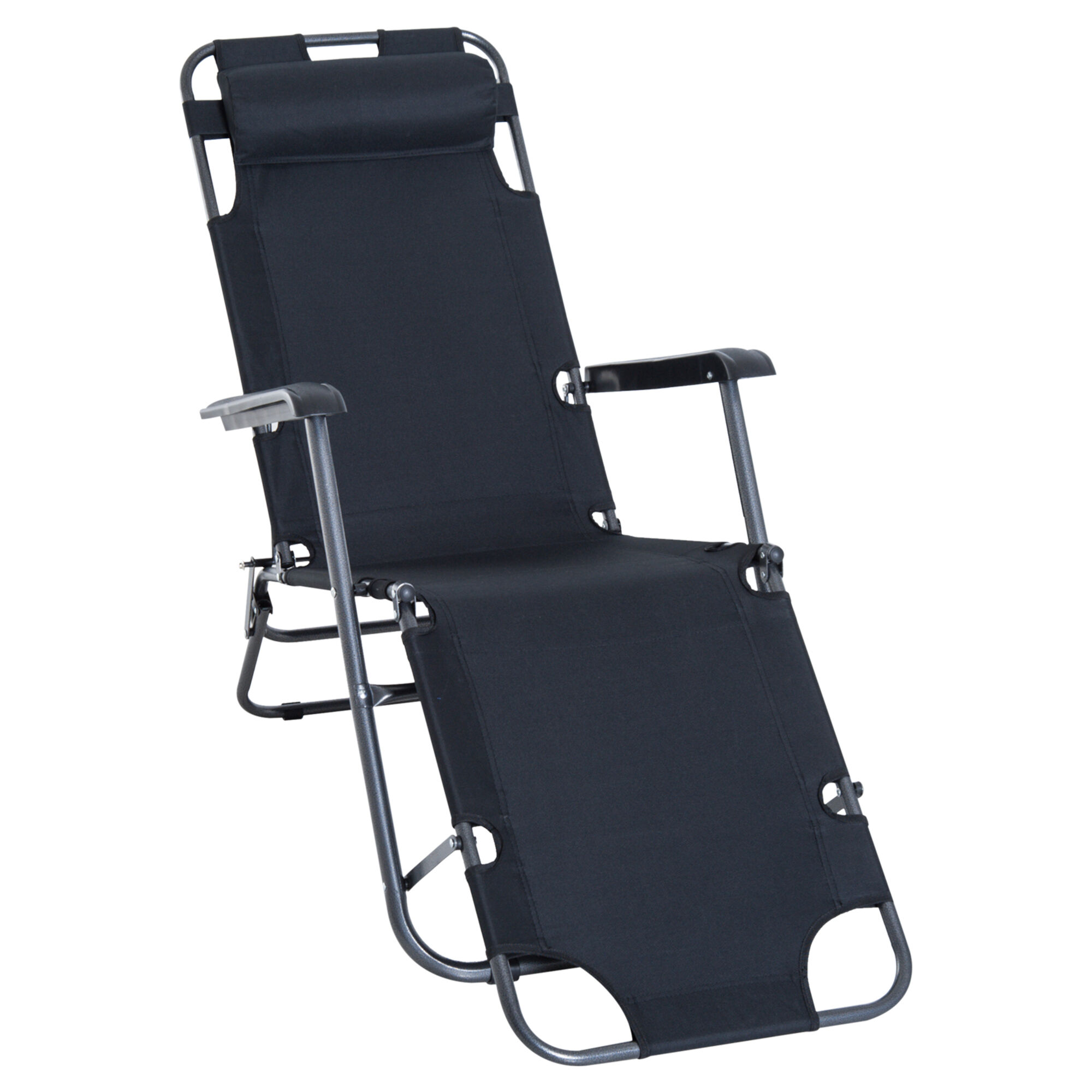 Outsunny Tumbona Reclinable y Plegable Silla de Playa Tumbona Relax Plegable con Respaldo Ajustable Reposabrazos Almohada y Reposapi&eacute;s para Jard&iacute;n Balc&oacute;n Carga 136 kg 135x60x89 cm Negro, , large Imagen numero 1