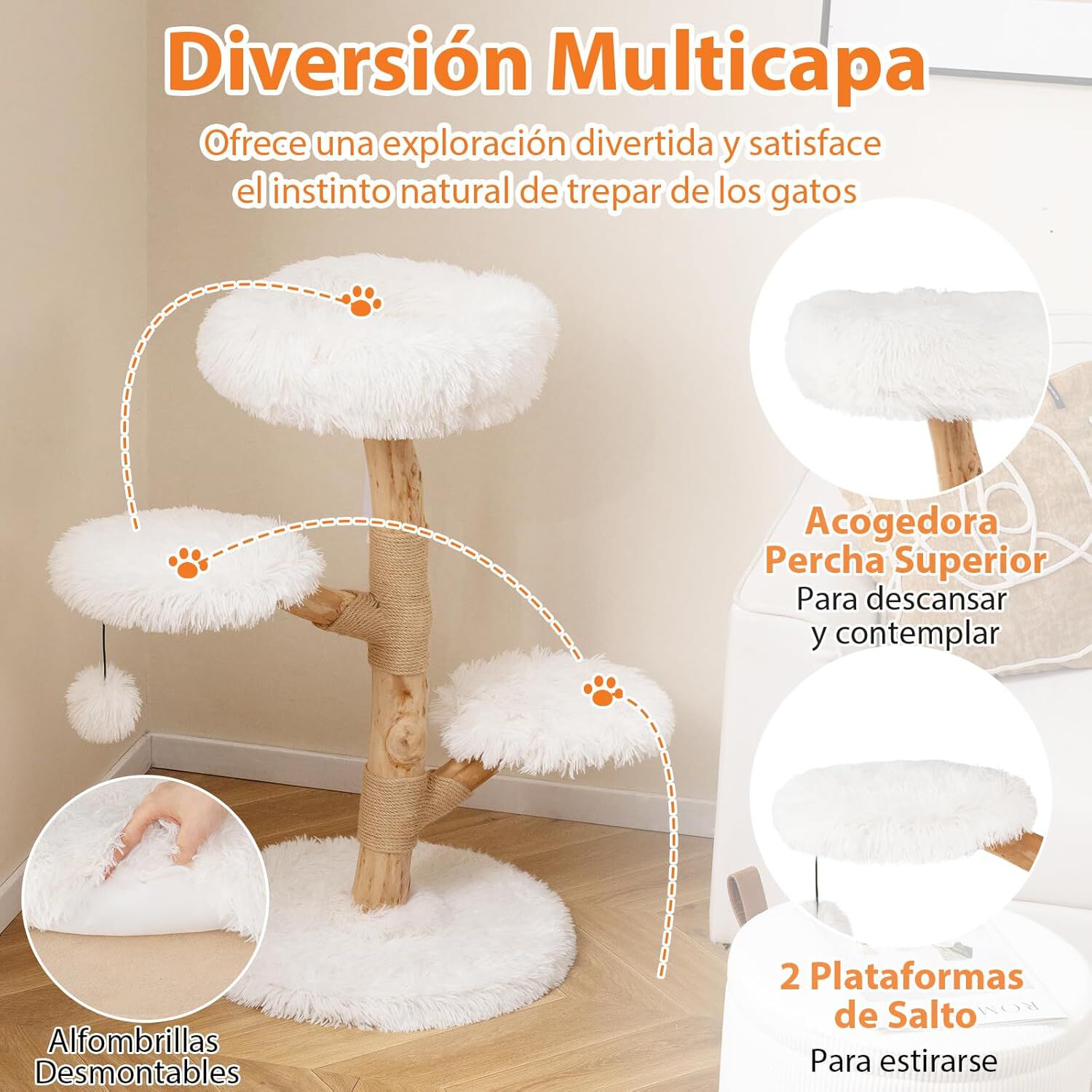 COSTWAY Rascador para Gatos, &Aacute;rbol para Gatos de Madera, Torre para Gatitos con Tronco de Peral S&oacute;lido con Plataforma, Centro de Actividades Moderno con Postes para Rascar de Sisal (Blanco,105 cm), , large Imagen numero 3