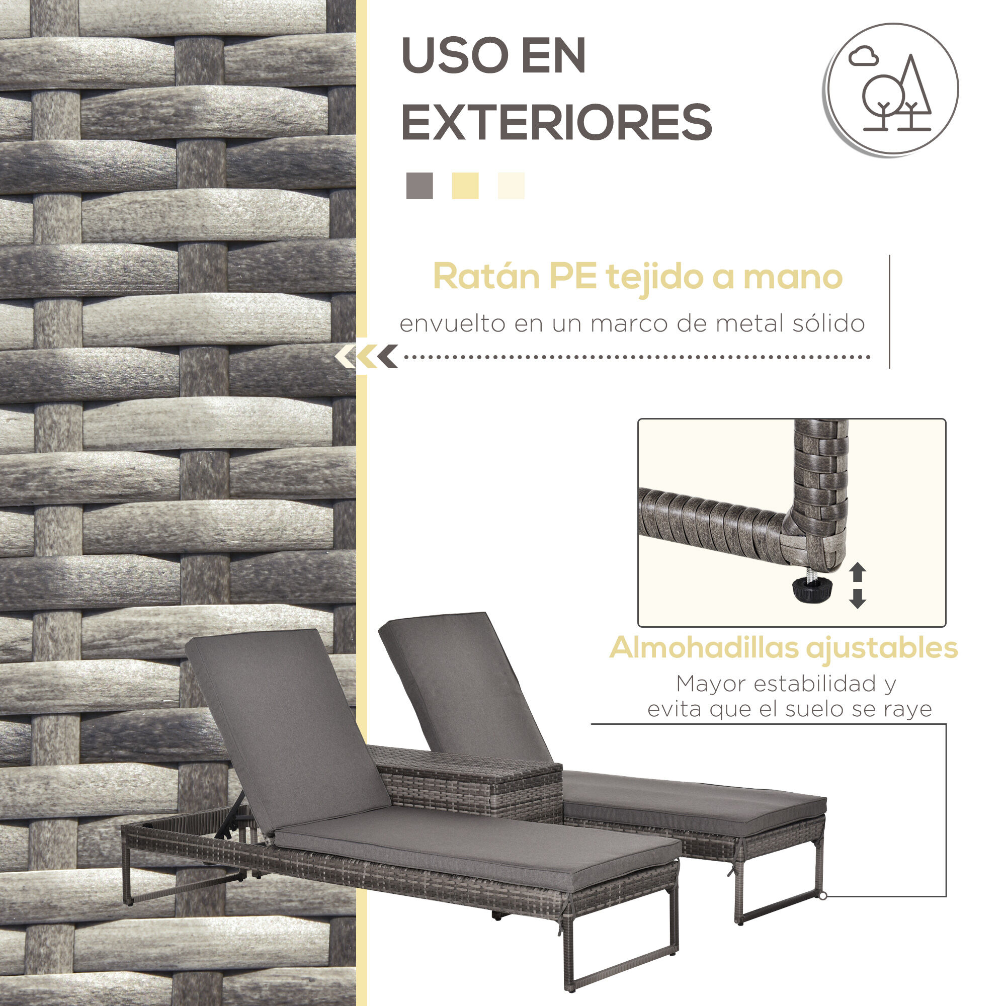 Outsunny Conjunto de 2 Tumbonas de Jard&iacute;n con Cojines Acolchados Rat&aacute;n con Mesa Auxiliar para Piscina o Terraza Carga 160kg 195x60x86 cm Acero Gris, , large Imagen numero 5