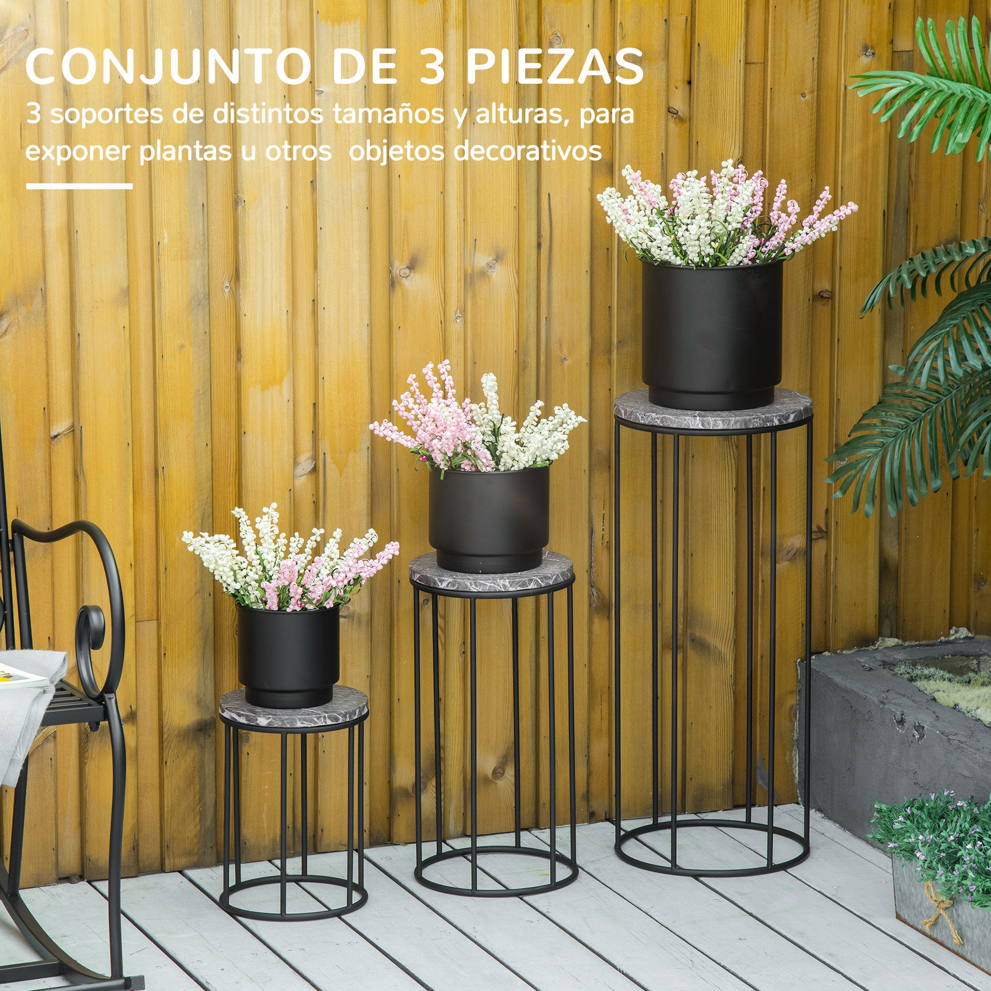 Outsunny Soportes para Plantas de Metal 3 Piezas Apilables Estantes Porta Macetas Decorativos con Efecto de M&aacute;rmol para Interiores y Exteriores &Oslash;30,5x70,5 cm Gris y Negro, , large Imagen numero 4