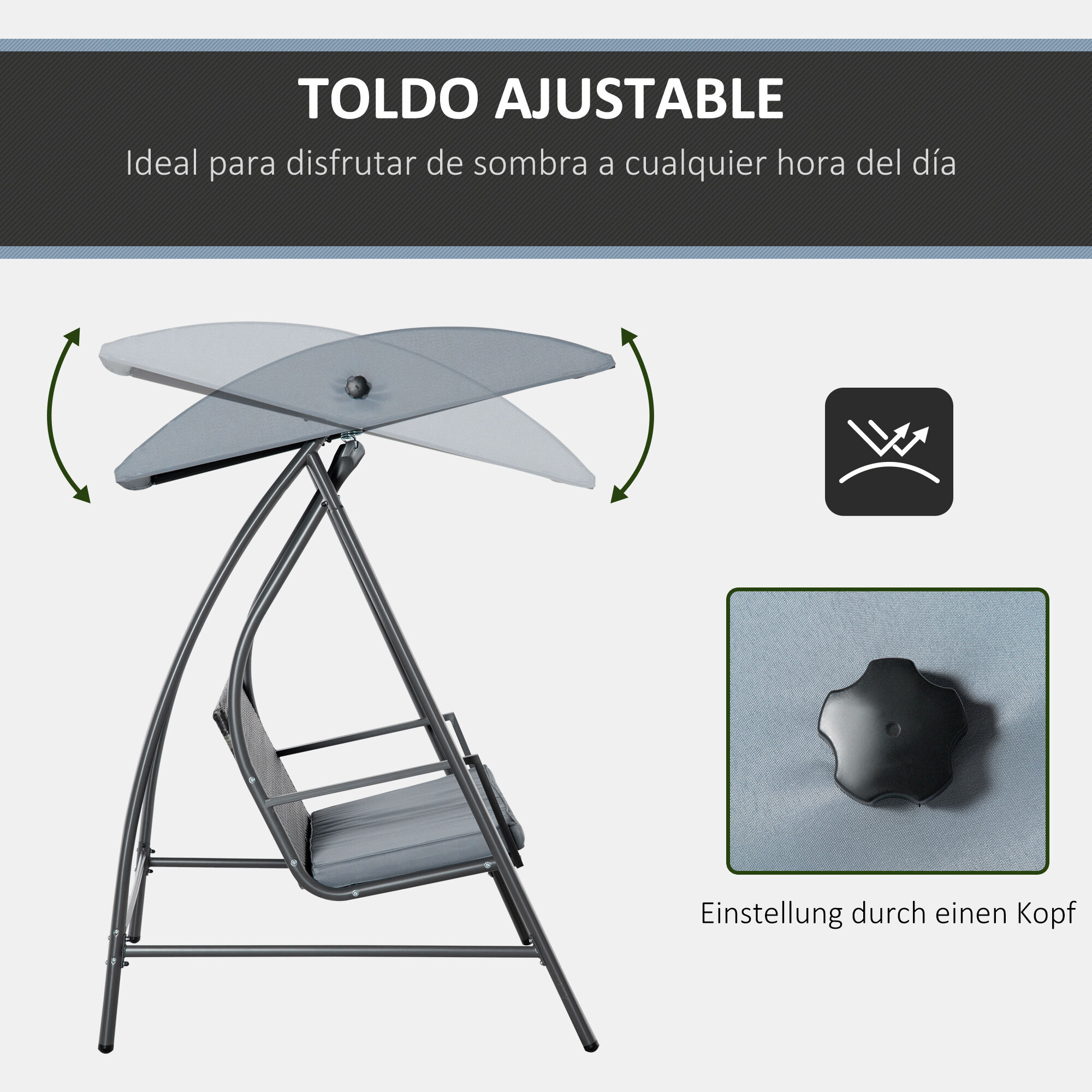 Outsunny Columpio Balanc&iacute;n Jard&iacute;n de Rat&aacute;n de 3 Plazas con Techo Ajustable y Coj&iacute;n Desenfundable con Cremallera para Terraza Balc&oacute;n Exterior Carga 360 kg 198x124x179 cm Gris, , large Imagen numero 4