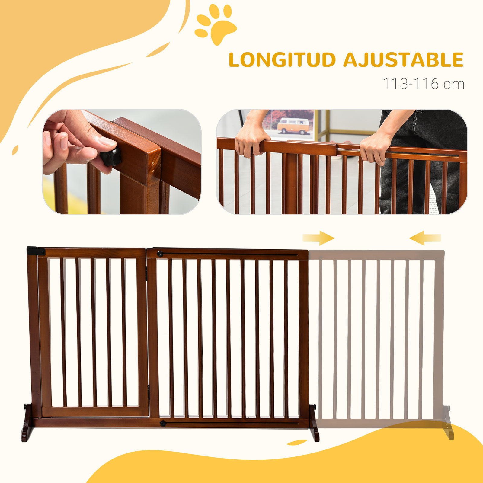 PawHut Barrera para Perros Extensible Barrera de Seguridad para Perros de 3 Paneles con Longitud Ajustable Marco de Madera y Soporte de Pie 113-166x36x71 cm Marr&oacute;n, , large Imagen numero 4