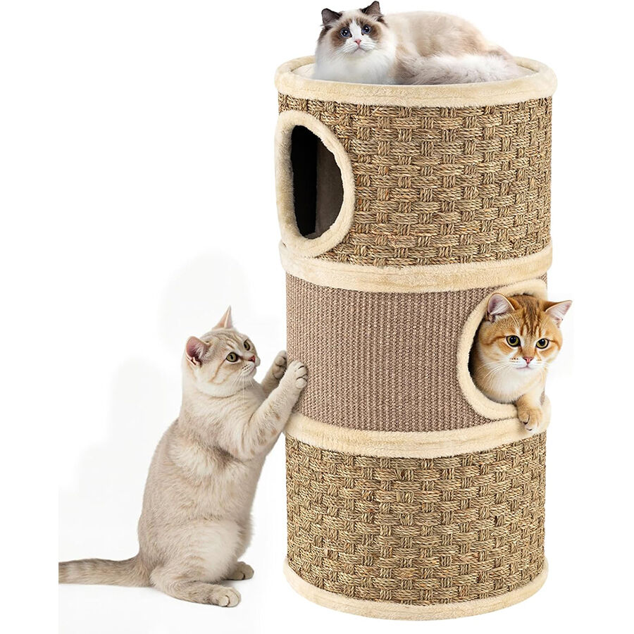 COSTWAY Barril Rascador para Gatos de 3 Pisos, 70 cm Torre para Gatos con Poste Rascado de Sisal con Cama Acolchada, &Aacute;rbol Rascador para Gato en Forma de Barril, Casa para Gatitos de Interior, , large Imagen numero 1