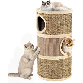 COSTWAY Barril Rascador para Gatos de 3 Pisos, 70 cm Torre para Gatos con Poste Rascado de Sisal con Cama Acolchada, &Aacute;rbol Rascador para Gato en Forma de Barril, Casa para Gatitos de Interior