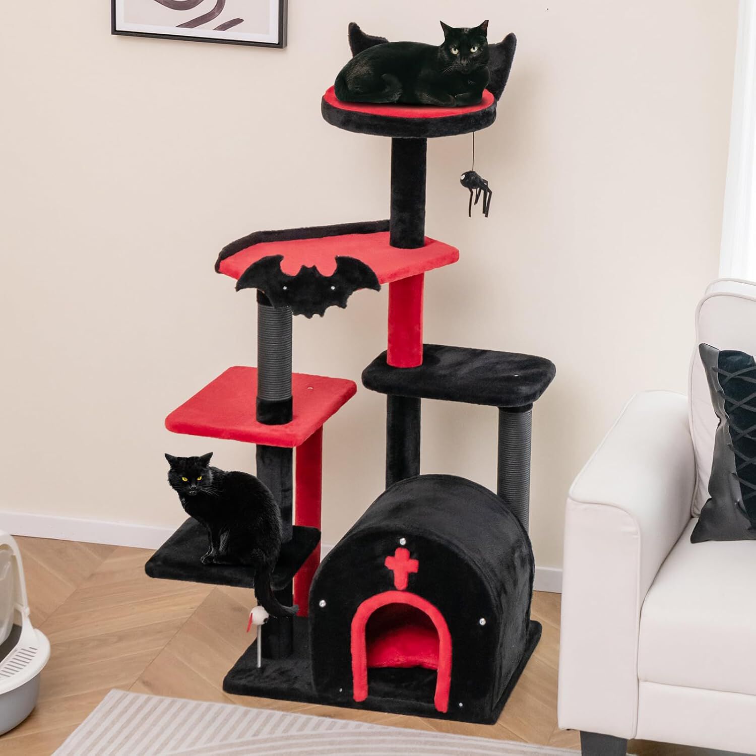 COSTWAY &Aacute;rbol Rascador para Gatos G&oacute;tico, 134 cm Torre para Gatos de 6 Niveles con Cama, Condominio, Postes Rascadores, Pomp&oacute;n y Bola de Resorte, Centro de Actividades para Gatitos de Interior, , large Imagen numero 5
